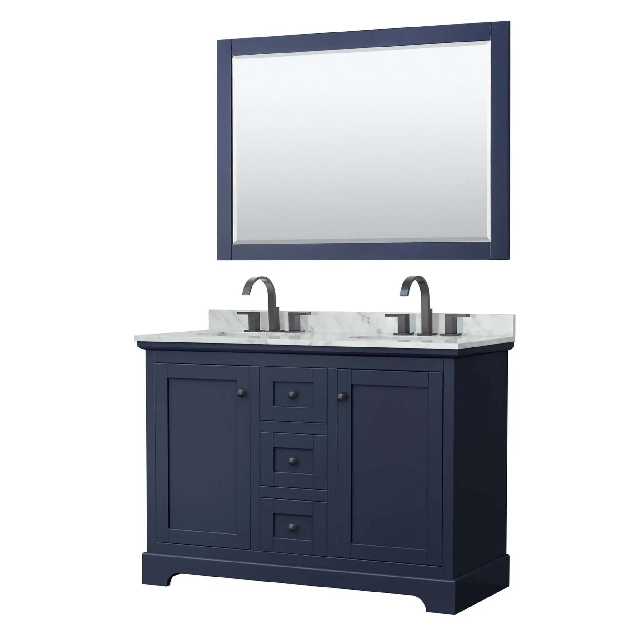 48" Avery Double Bathroom Vanity in Dark Blue with Matte Black Trim & 46" Mirror by Wyndham
