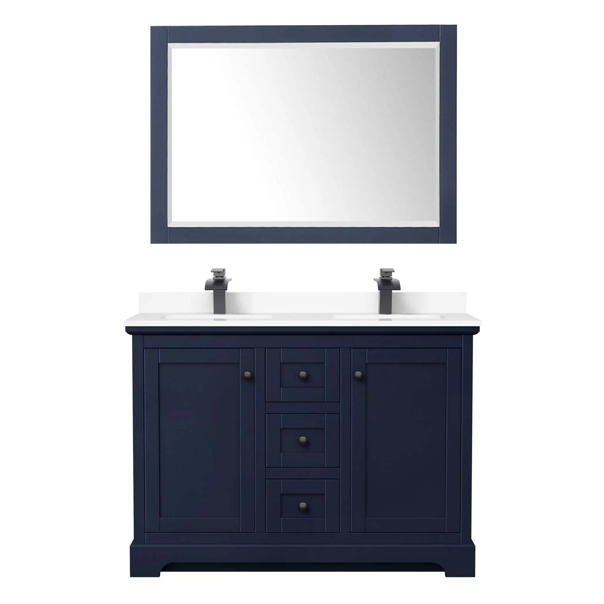48" Avery Double Bathroom Vanity in Dark Blue with Matte Black Trim & 46" Mirror by Wyndham
