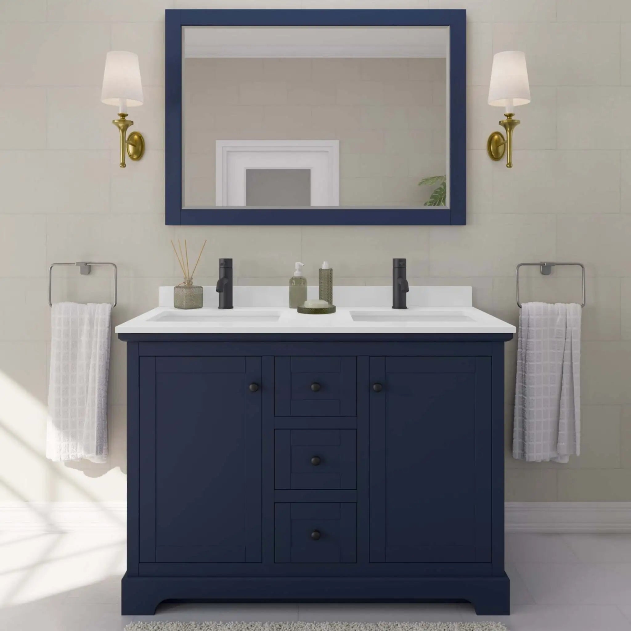 48" Avery Double Bathroom Vanity in Dark Blue with Matte Black Trim by Wyndham