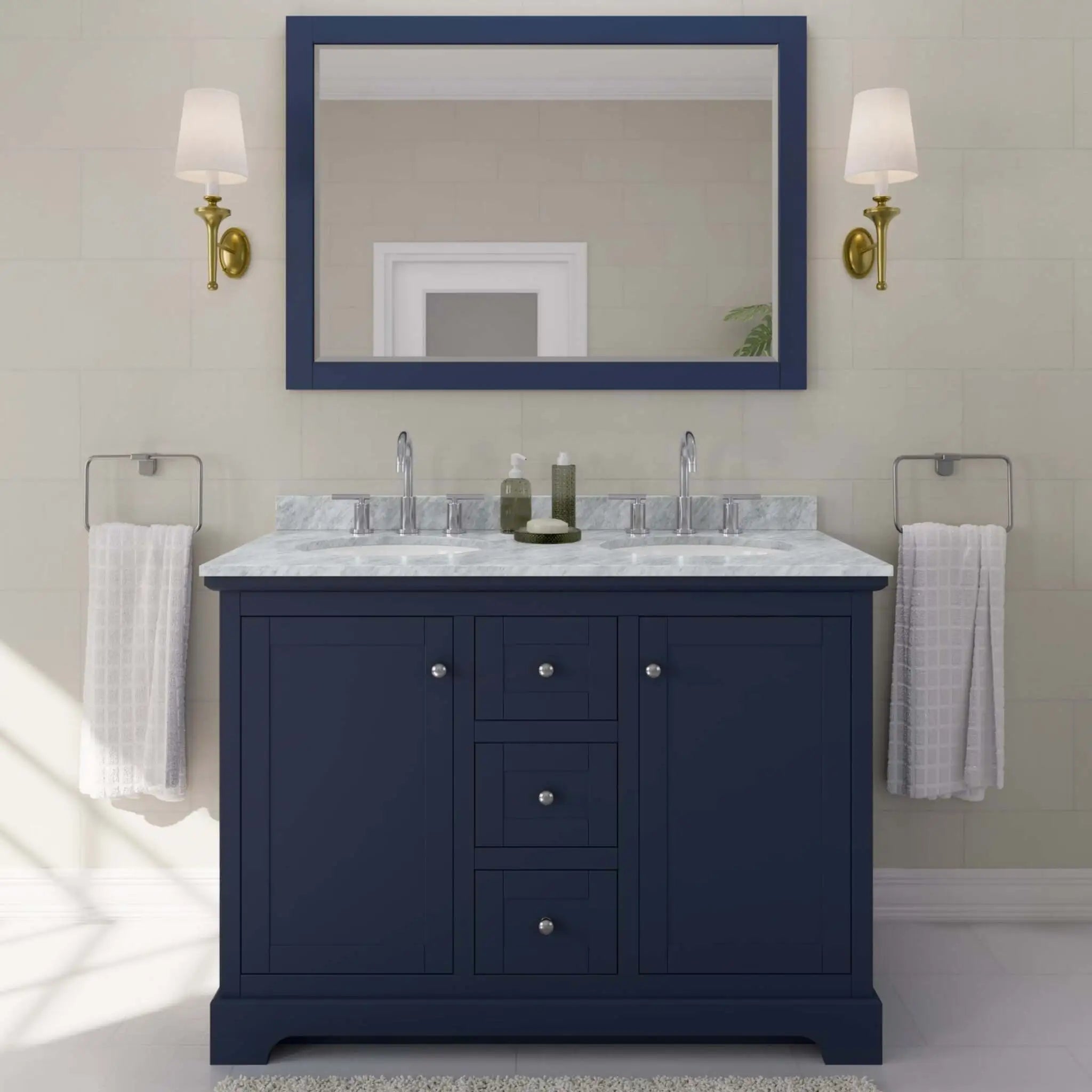 48" Avery Double Bathroom Vanity in Dark Blue with Polished Chrome Trim & 46" Mirror by Wyndham