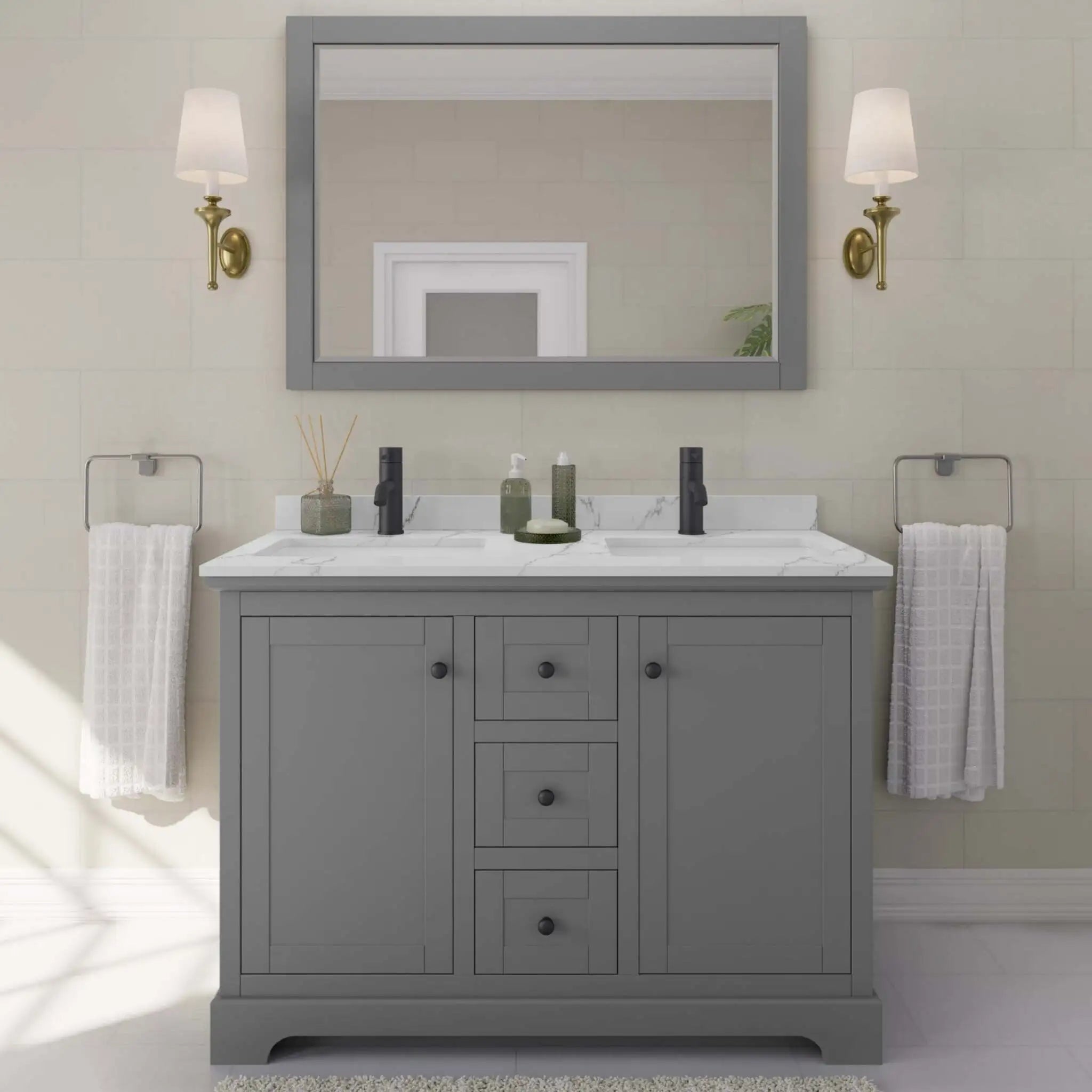48" Avery Double Bathroom Vanity in Dark Gray with Matte Black Trim by Wyndham