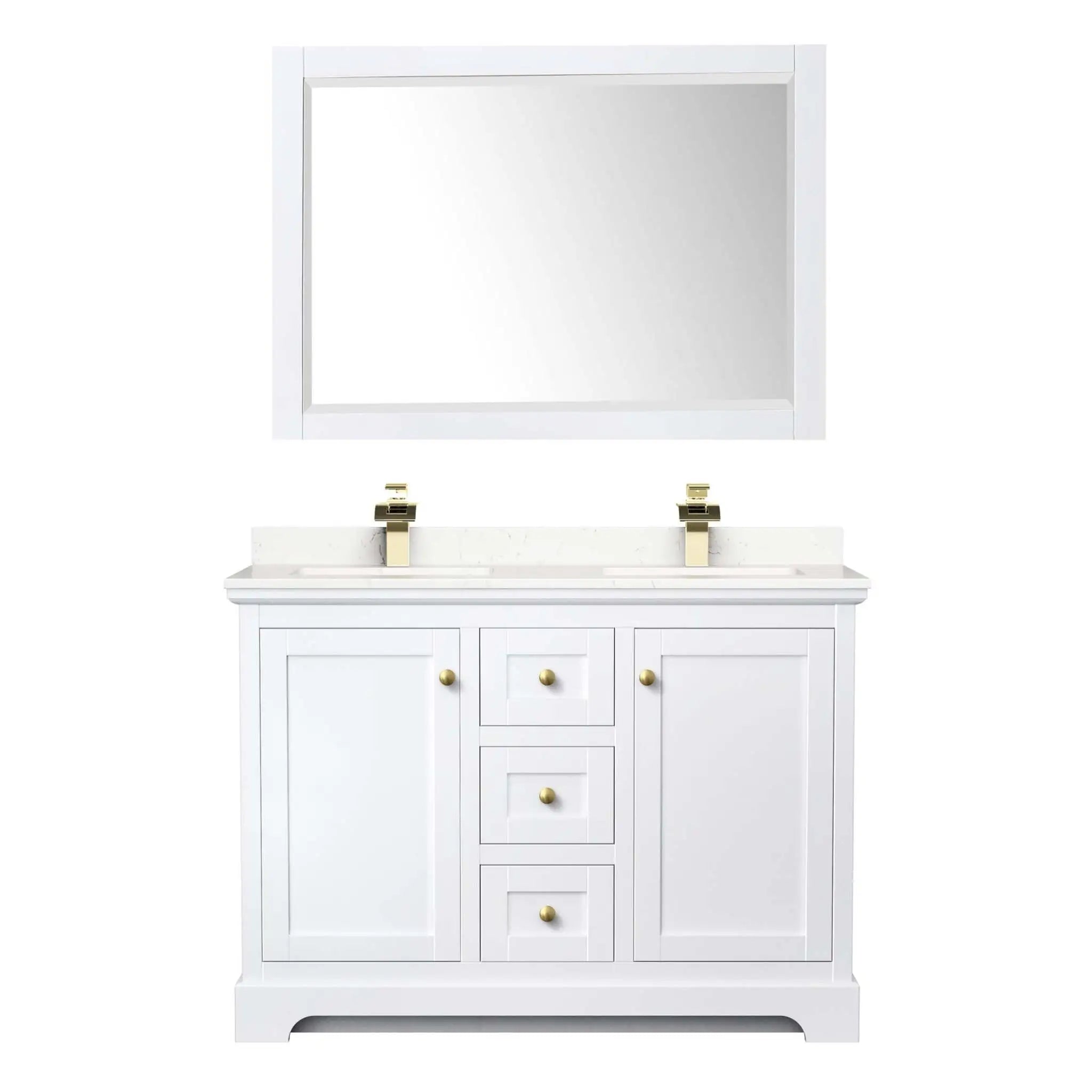 48" Avery Double Bathroom Vanity in White with Brushed Gold Trim & 46" Mirror by Wyndham