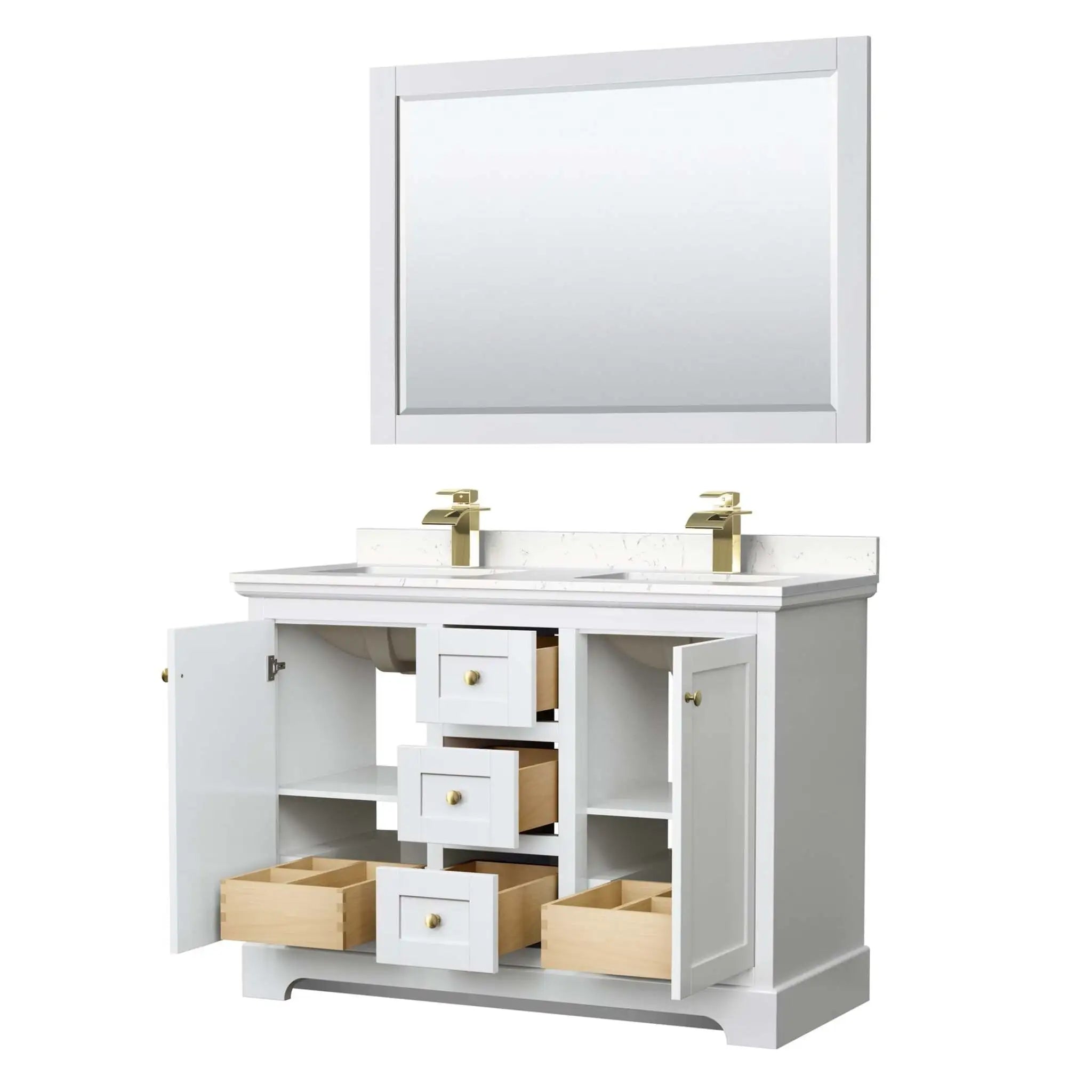 48" Avery Double Bathroom Vanity in White with Brushed Gold Trim & 46" Mirror by Wyndham