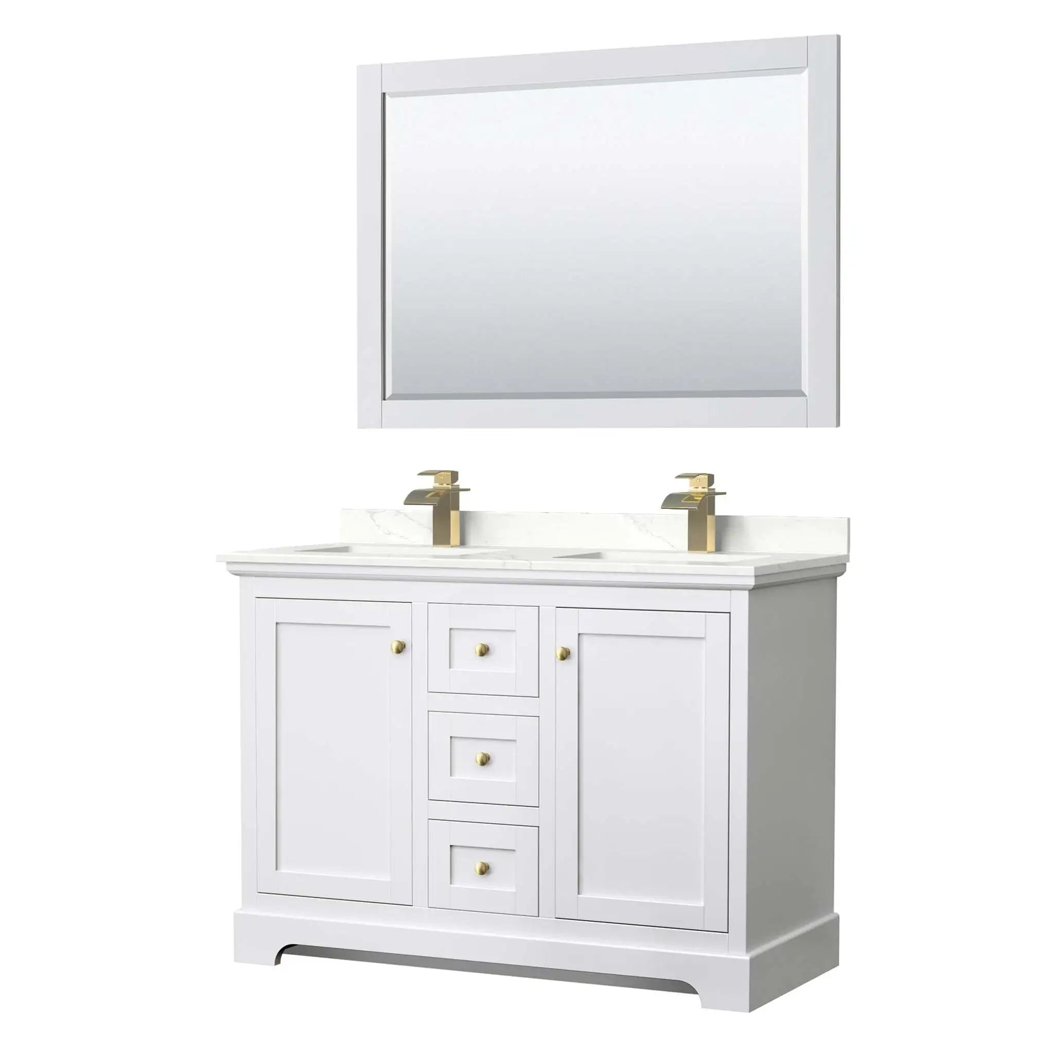 48" Avery Double Bathroom Vanity in White with Brushed Gold Trim & 46" Mirror by Wyndham