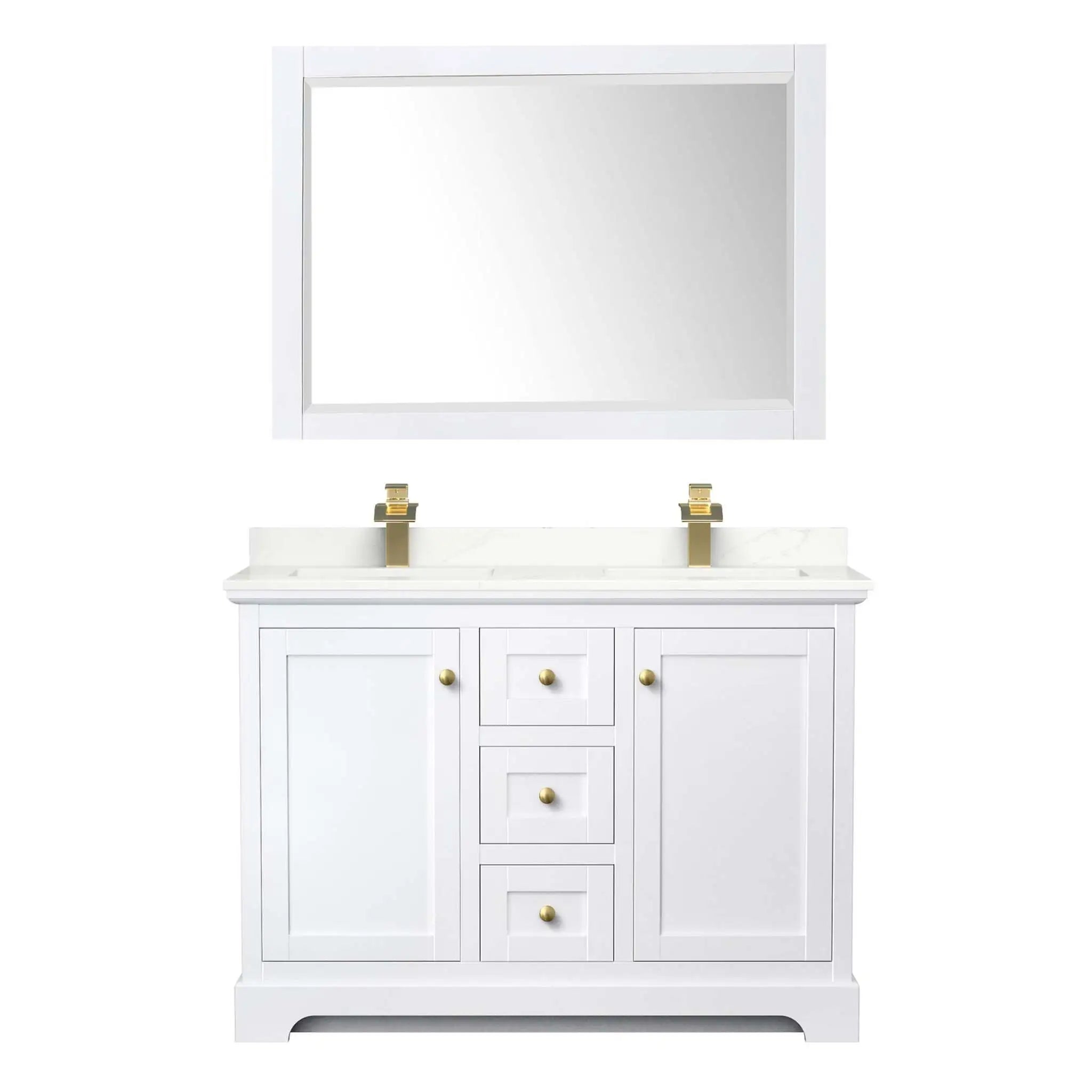 48" Avery Double Bathroom Vanity in White with Brushed Gold Trim & 46" Mirror by Wyndham