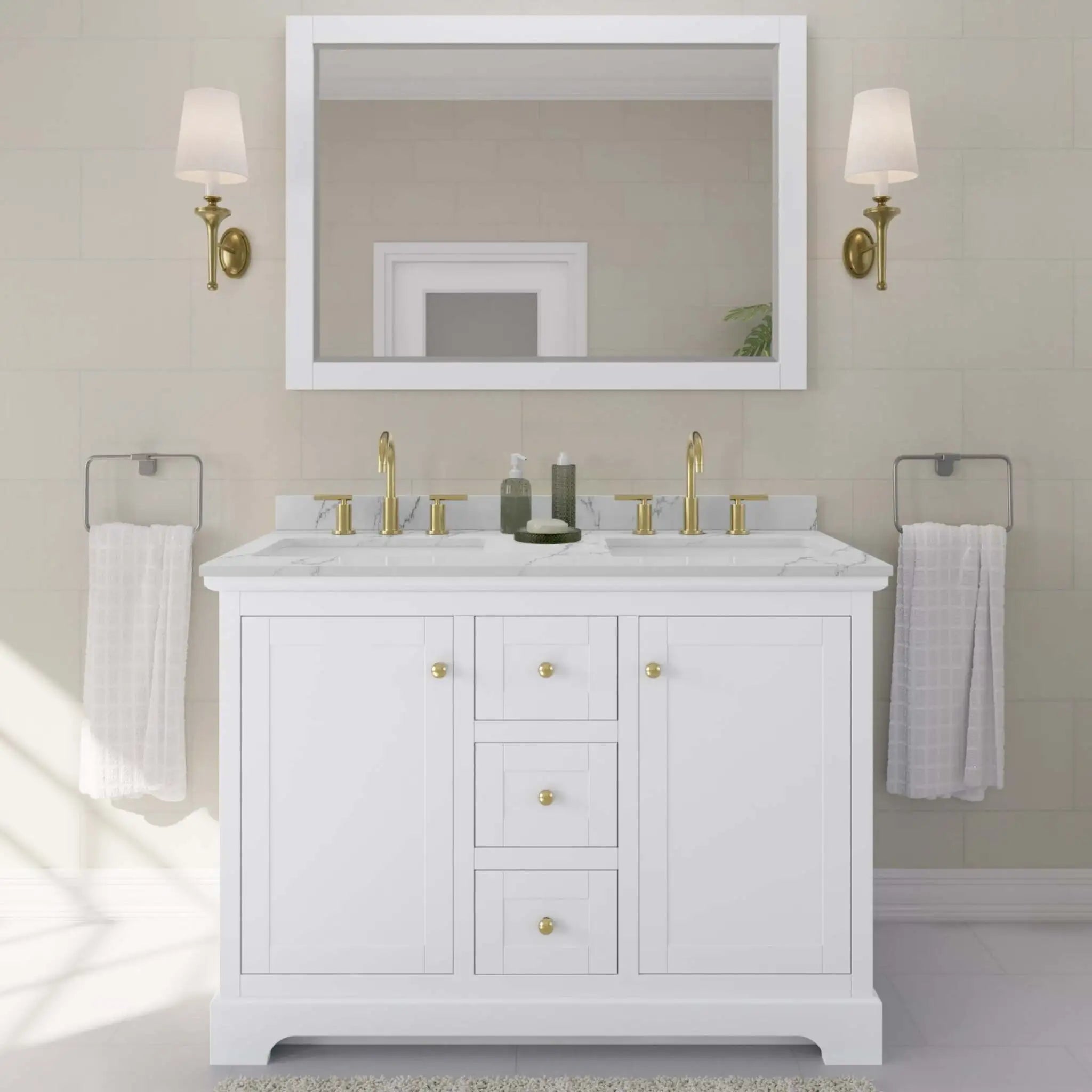 48" Avery Double Bathroom Vanity in White with Brushed Gold Trim & 46" Mirror by Wyndham