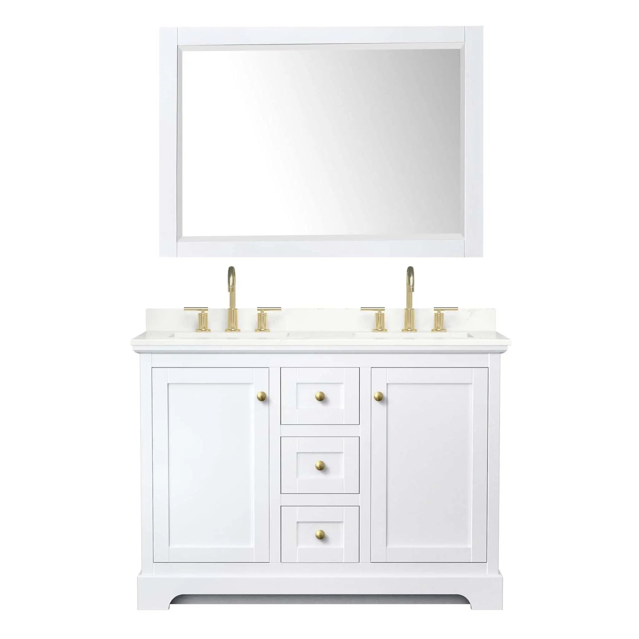 48" Avery Double Bathroom Vanity in White with Brushed Gold Trim & 46" Mirror by Wyndham