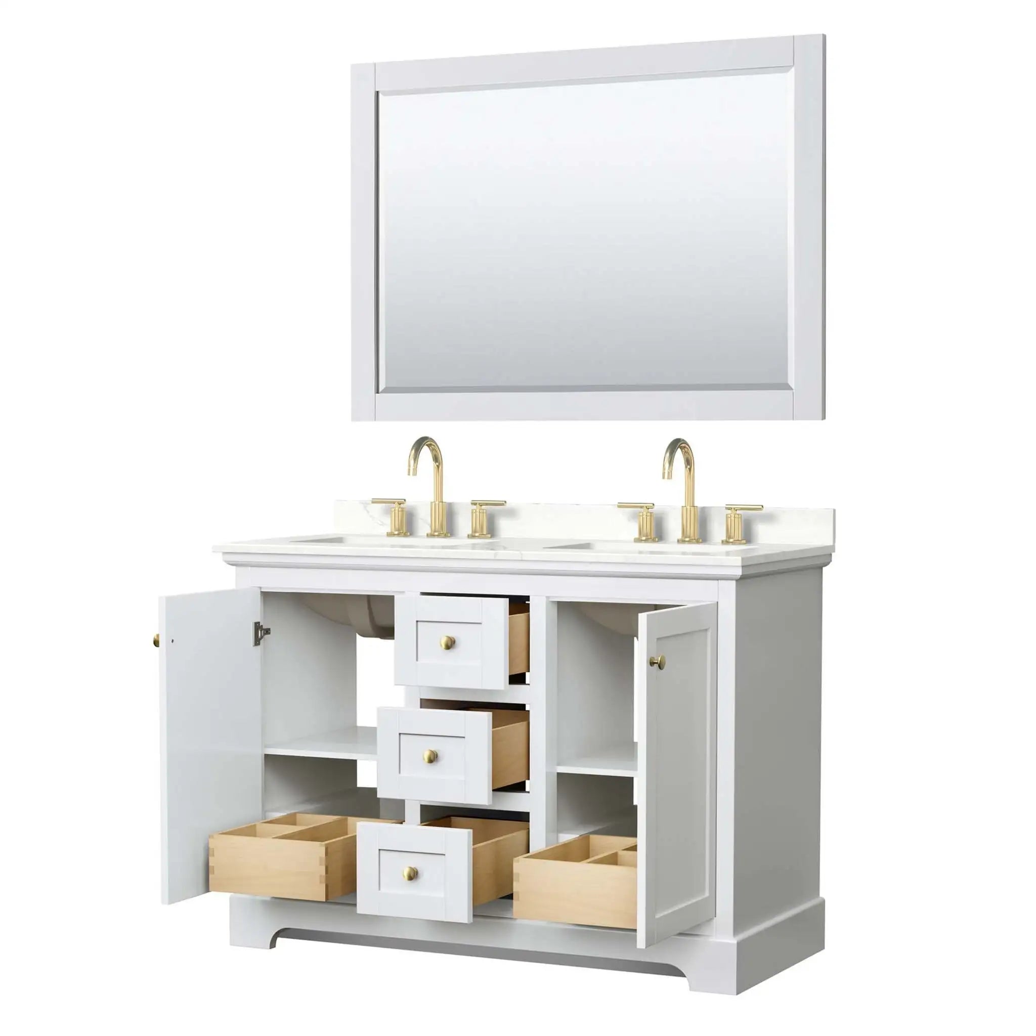 48" Avery Double Bathroom Vanity in White with Brushed Gold Trim & 46" Mirror by Wyndham