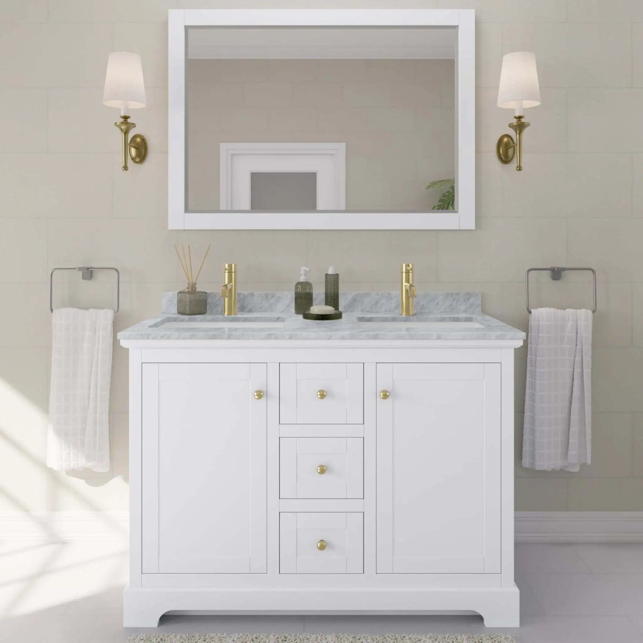 48" Avery Double Bathroom Vanity in White with Brushed Gold Trim & 46" Mirror by Wyndham