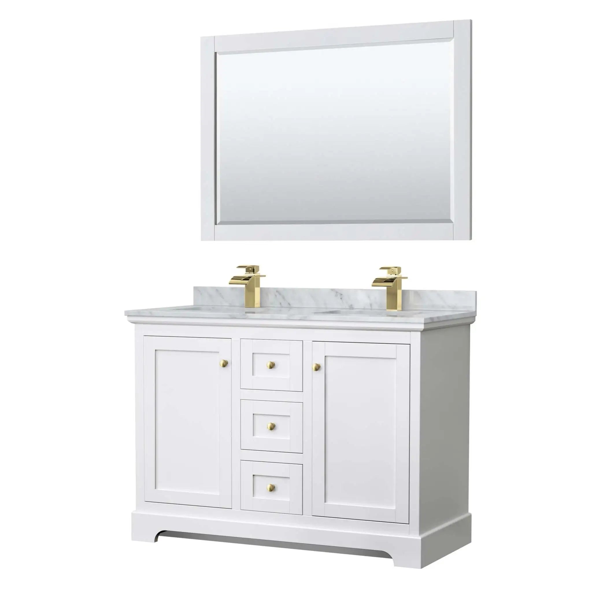48" Avery Double Bathroom Vanity in White with Brushed Gold Trim & 46" Mirror by Wyndham