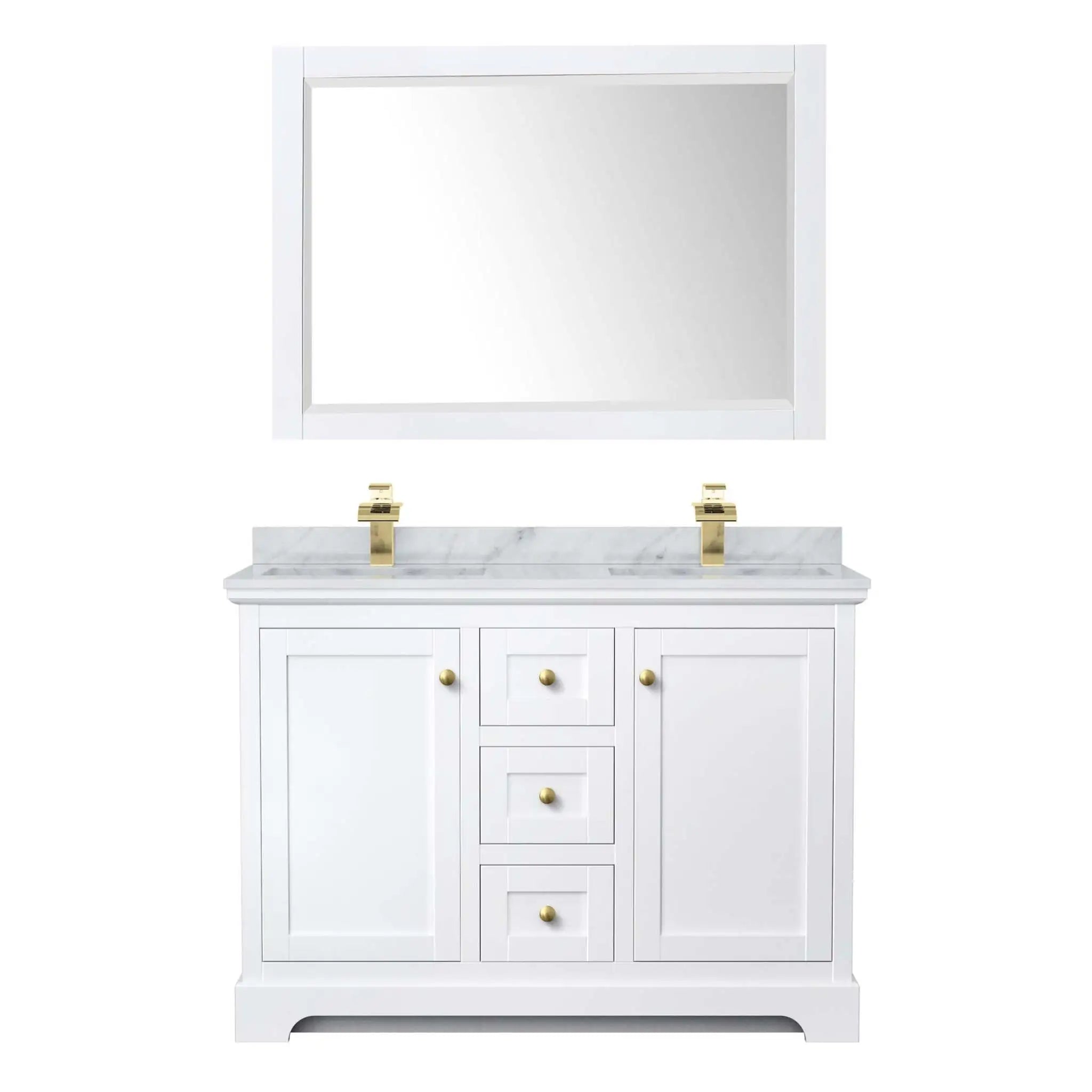 48" Avery Double Bathroom Vanity in White with Brushed Gold Trim & 46" Mirror by Wyndham
