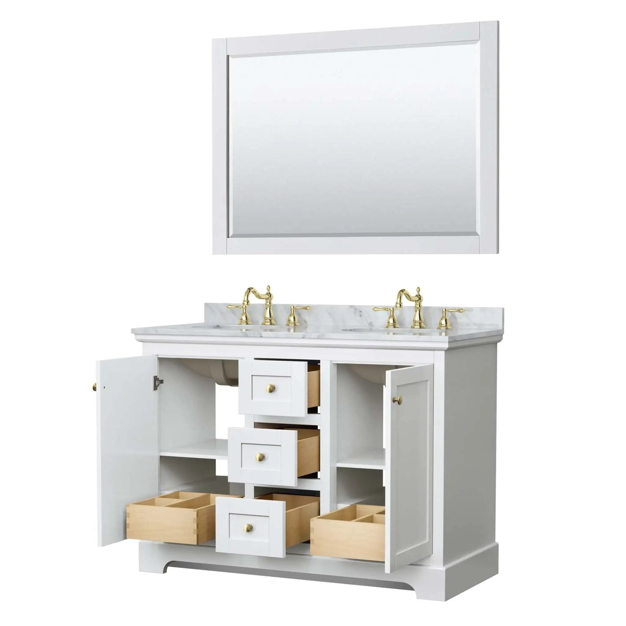 48" Avery Double Bathroom Vanity in White with Brushed Gold Trim & 46" Mirror by Wyndham