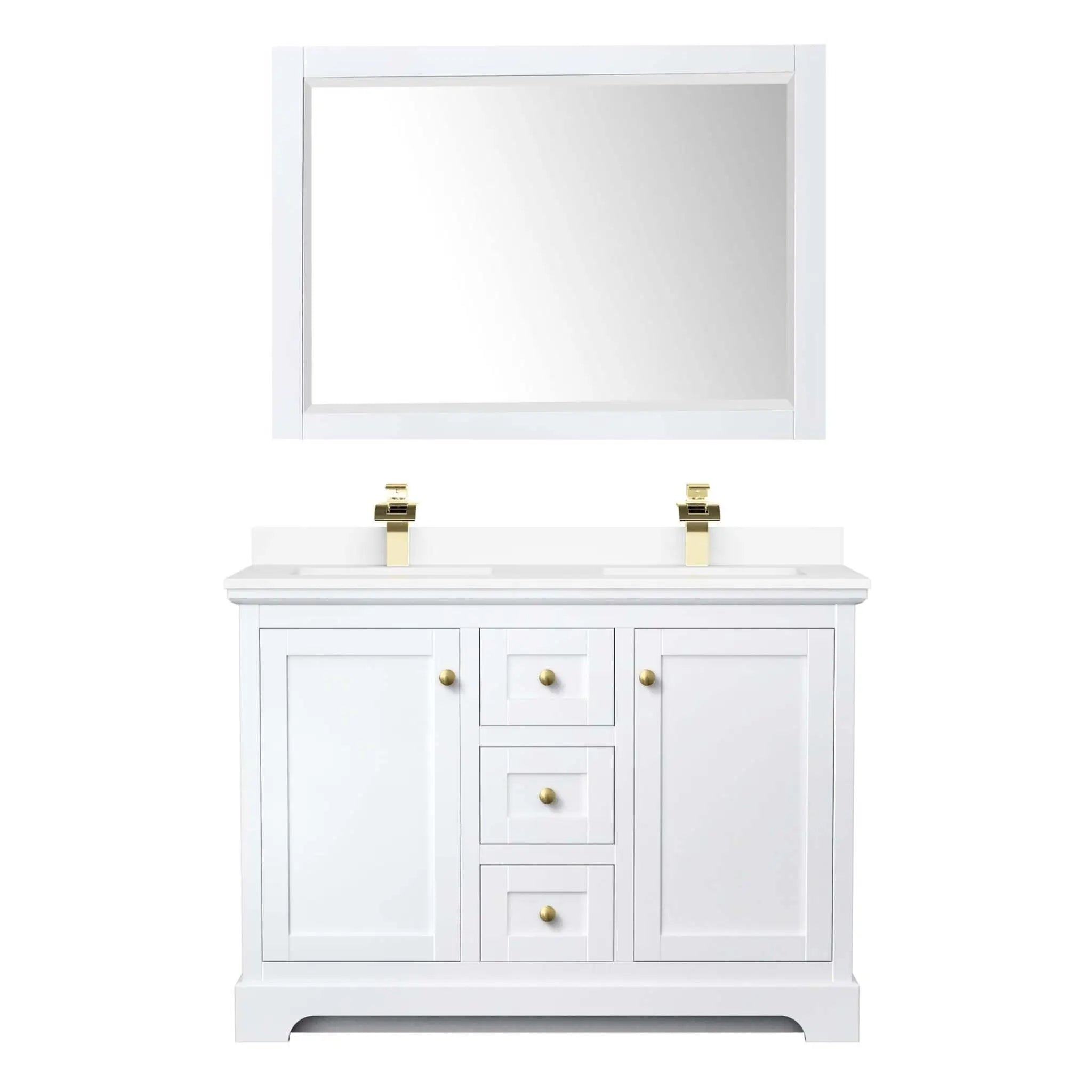 48" Avery Double Bathroom Vanity in White with Brushed Gold Trim & 46" Mirror by Wyndham