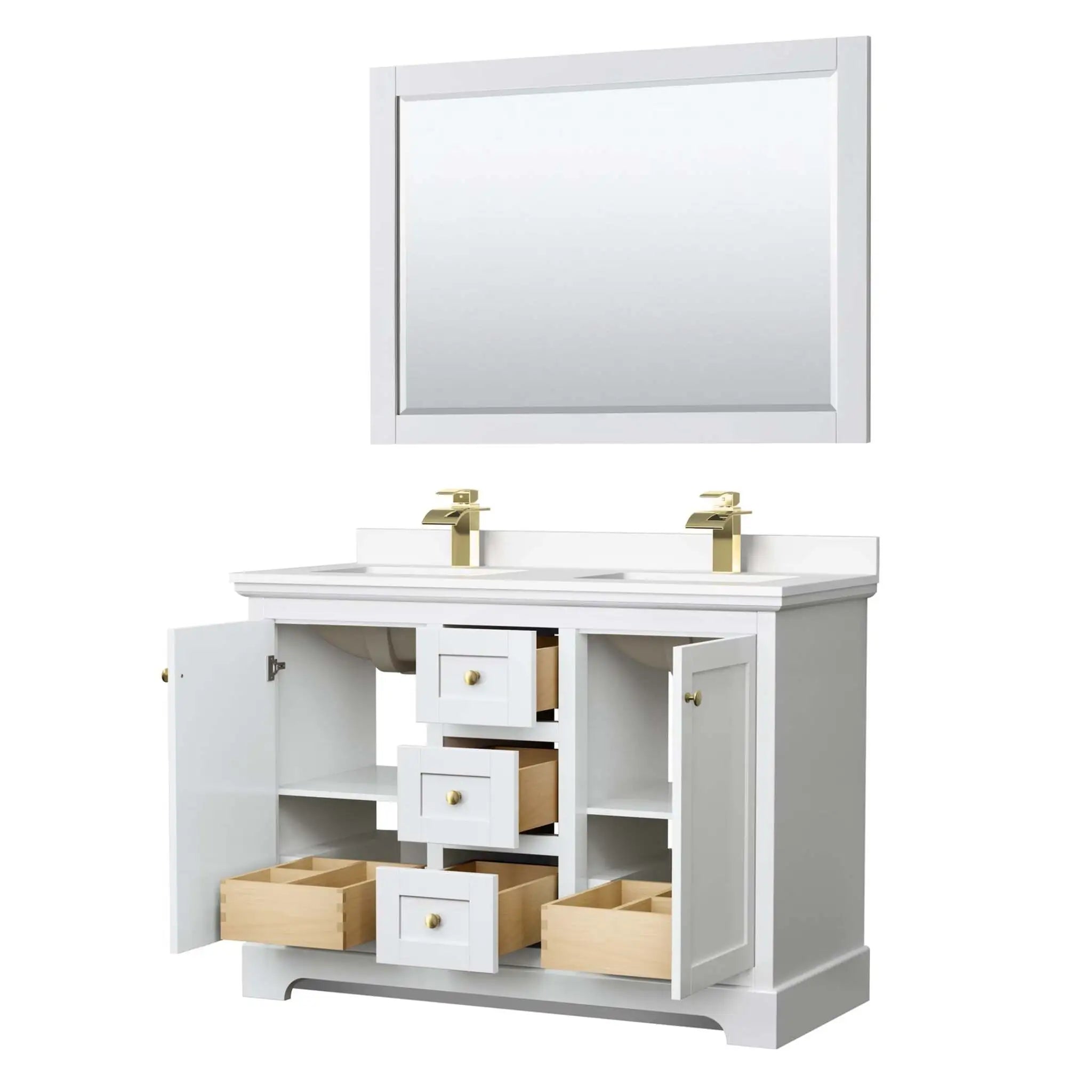 48" Avery Double Bathroom Vanity in White with Brushed Gold Trim & 46" Mirror by Wyndham