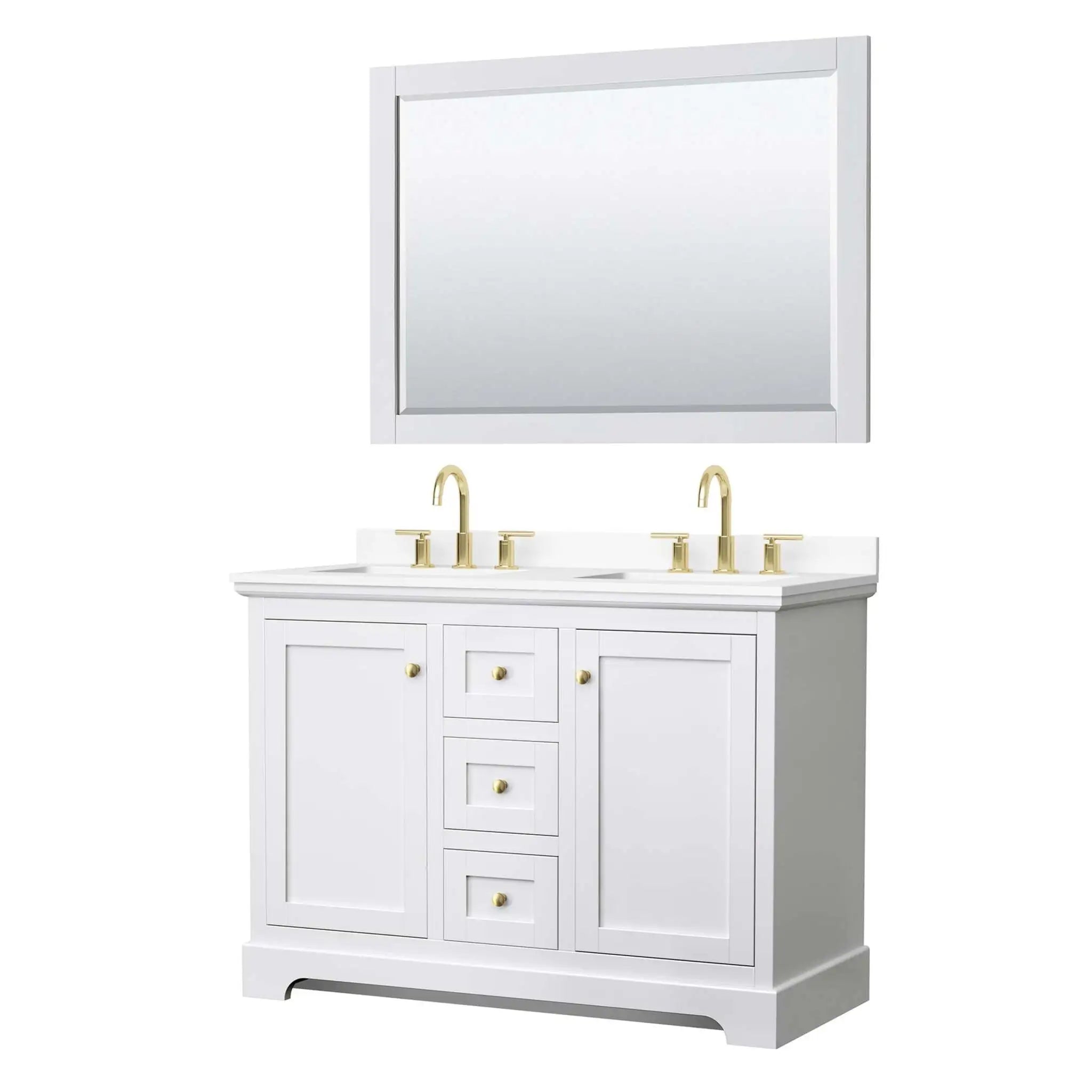 48" Avery Double Bathroom Vanity in White with Brushed Gold Trim & 46" Mirror by Wyndham