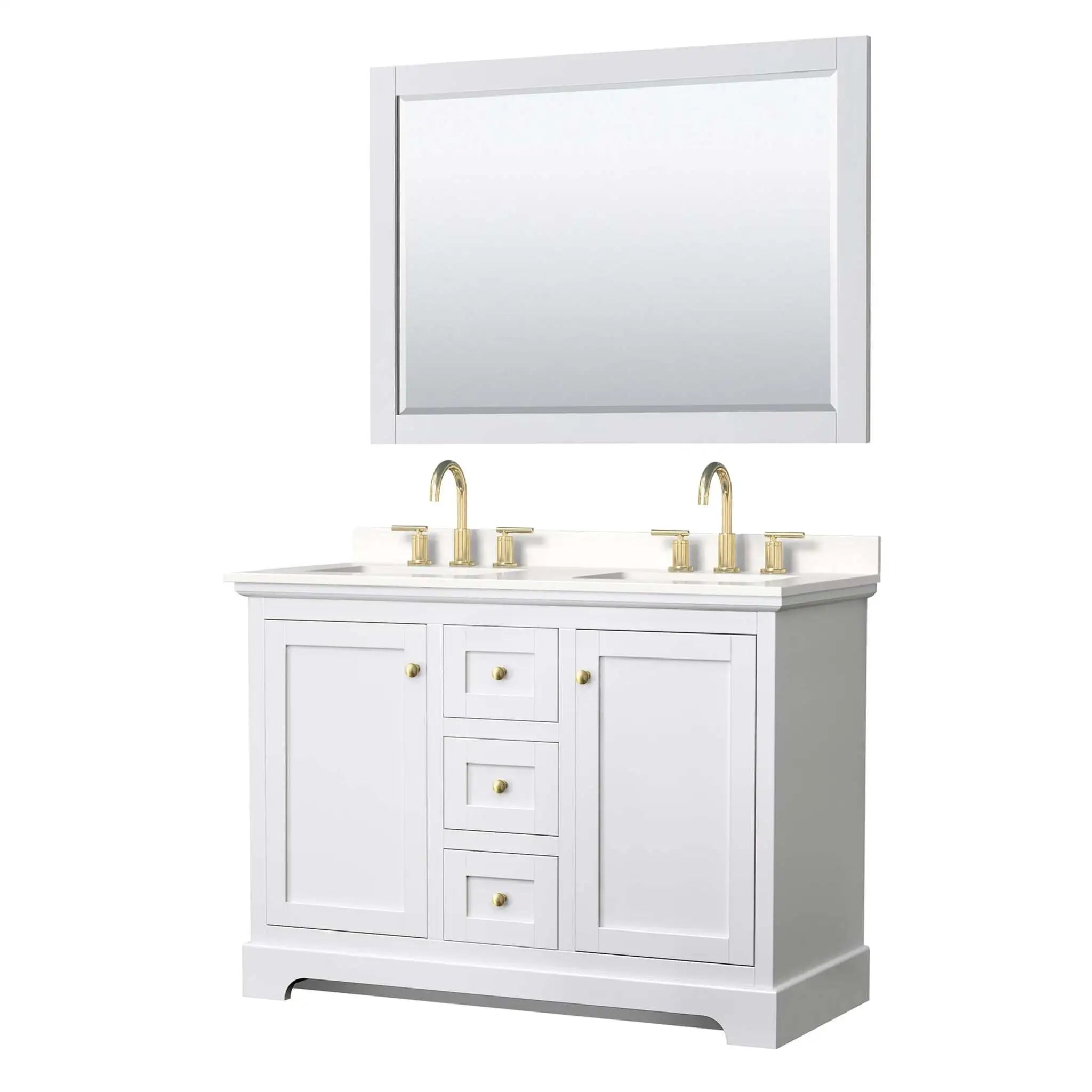 48" Avery Double Bathroom Vanity in White with Brushed Gold Trim & 46" Mirror by Wyndham