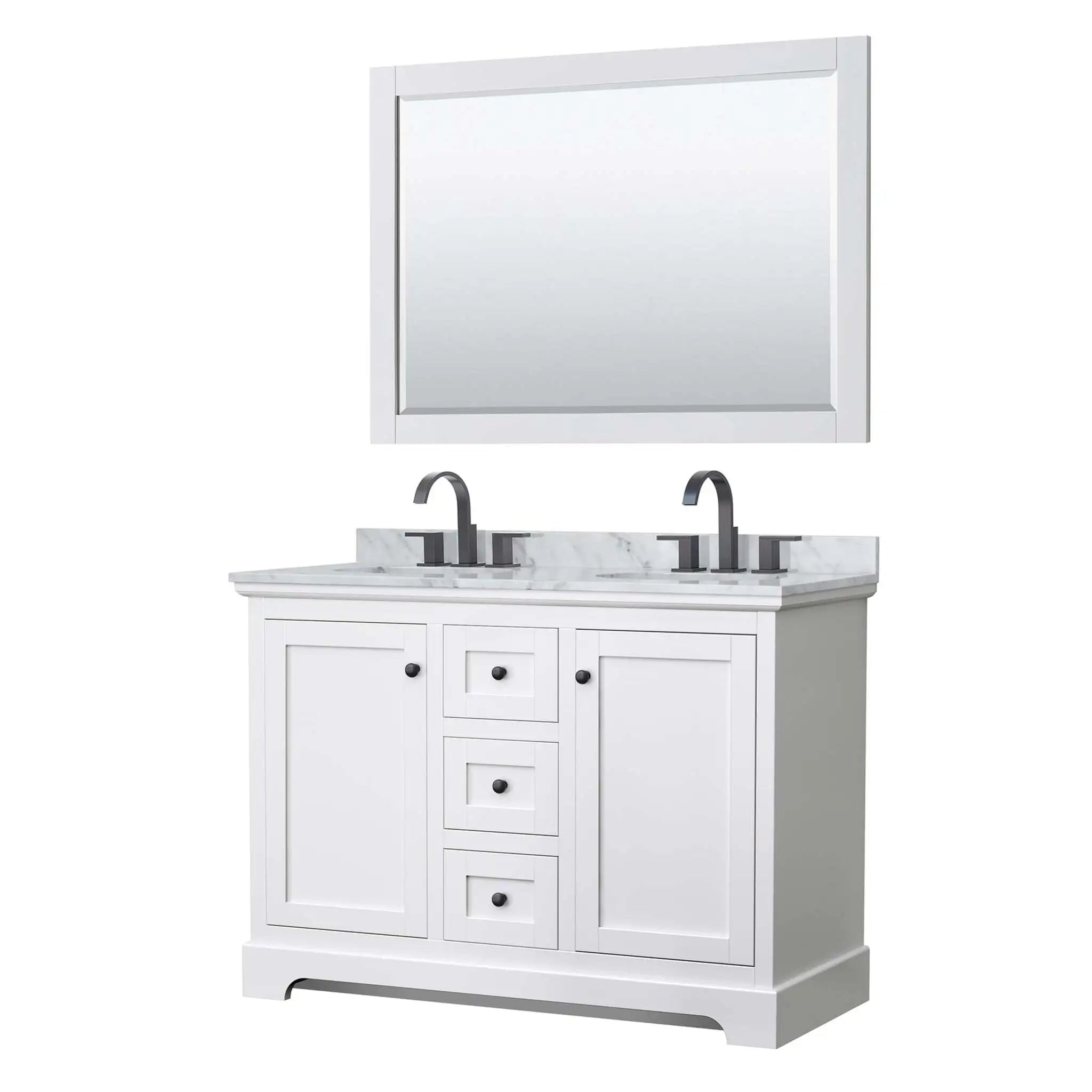 48" Avery Double Bathroom Vanity in White with Matte Black Trim & 46" Mirror by Wyndham