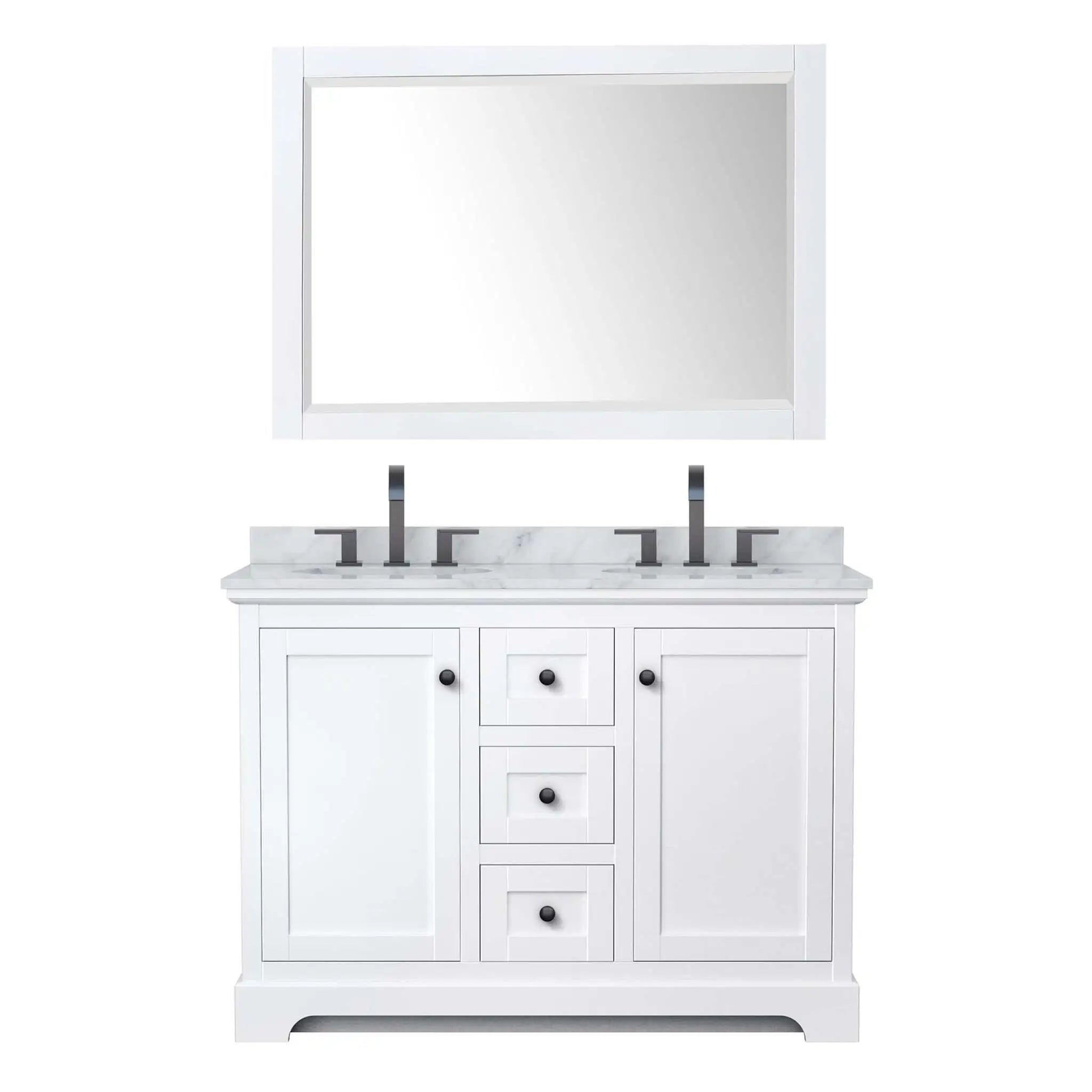 48" Avery Double Bathroom Vanity in White with Matte Black Trim & 46" Mirror by Wyndham