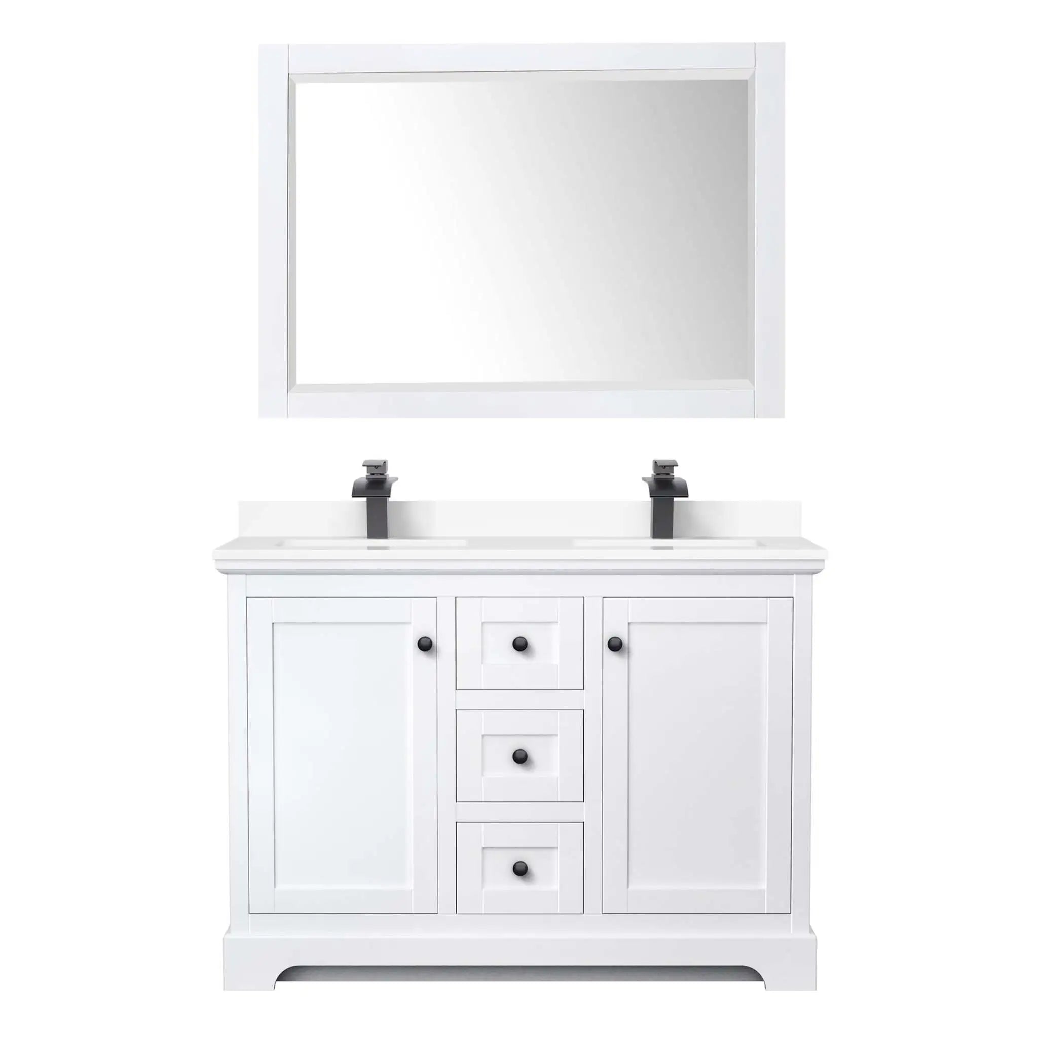 48" Avery Double Bathroom Vanity in White with Matte Black Trim & 46" Mirror by Wyndham