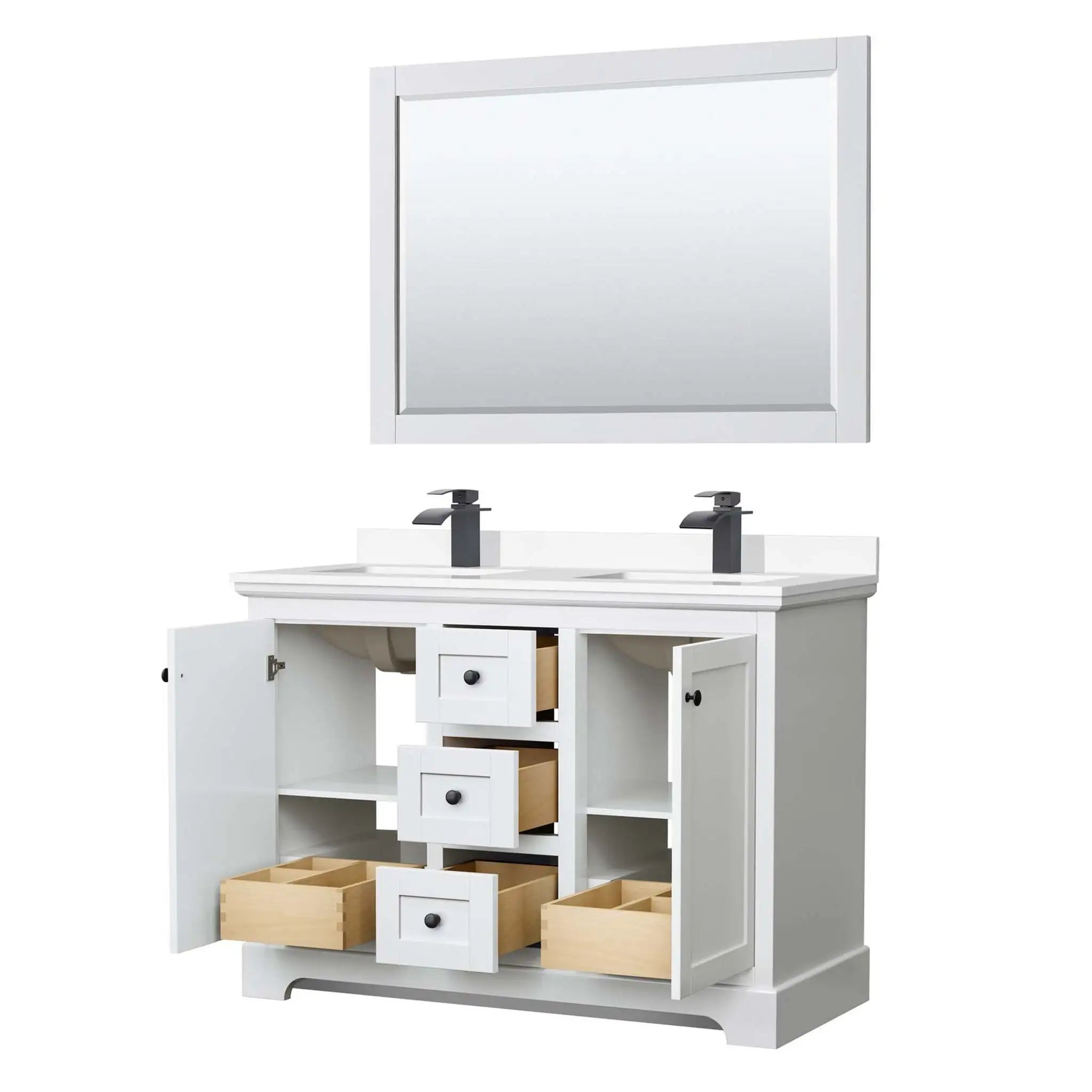 48" Avery Double Bathroom Vanity in White with Matte Black Trim & 46" Mirror by Wyndham