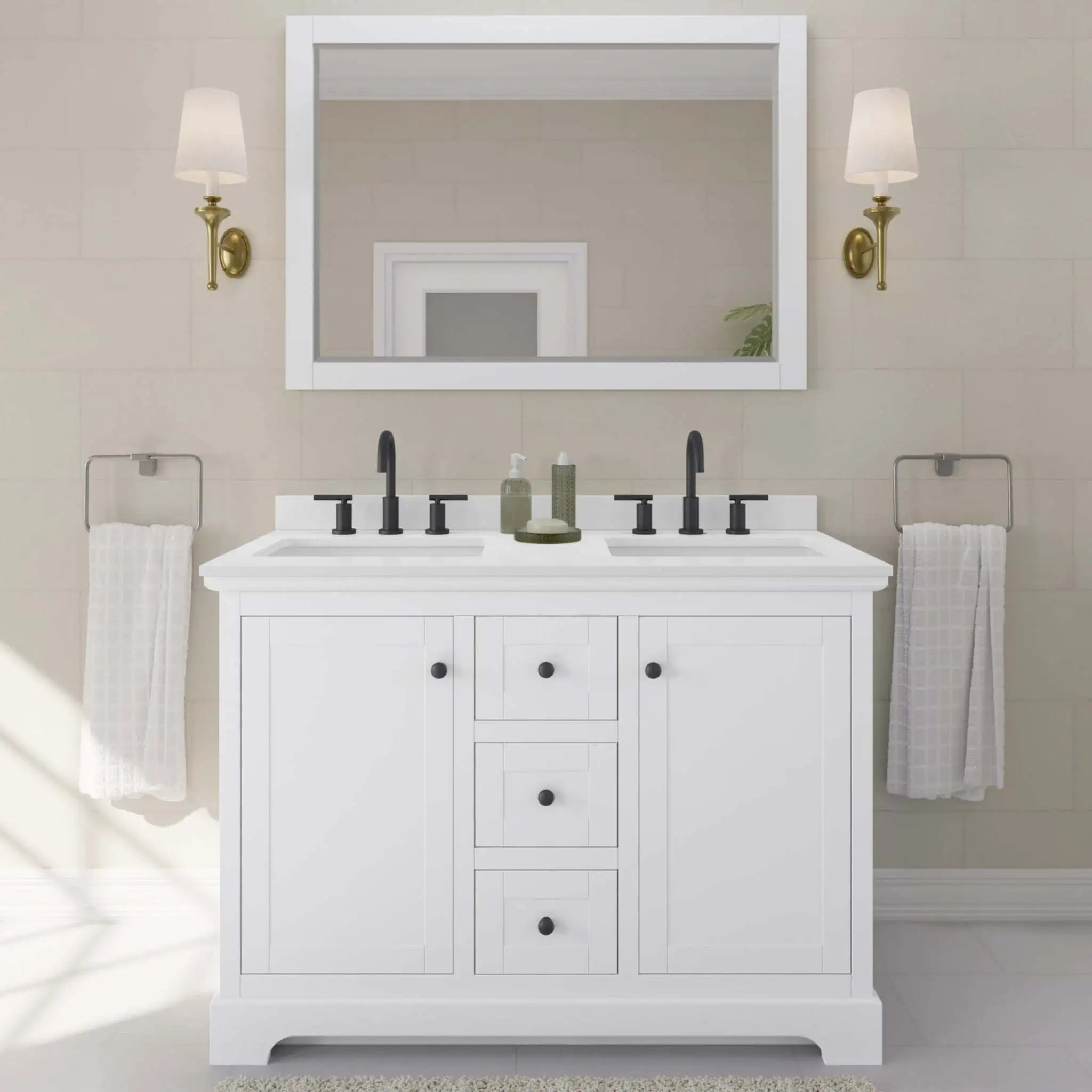 48" Avery Double Bathroom Vanity in White with Matte Black Trim & 46" Mirror by Wyndham