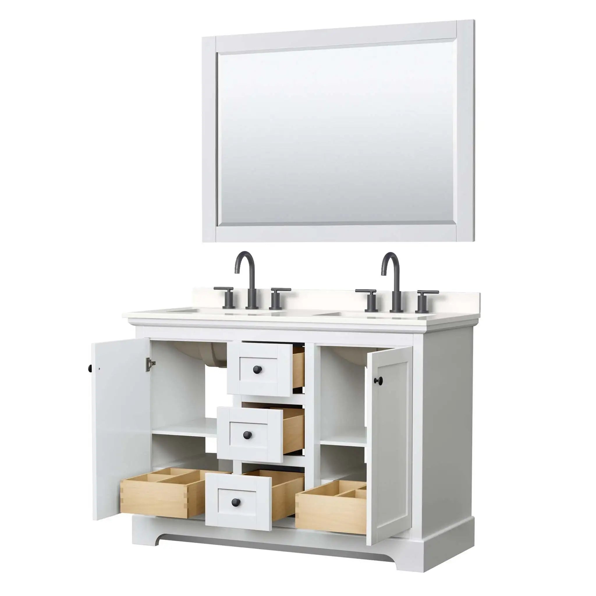 48" Avery Double Bathroom Vanity in White with Matte Black Trim & 46" Mirror by Wyndham