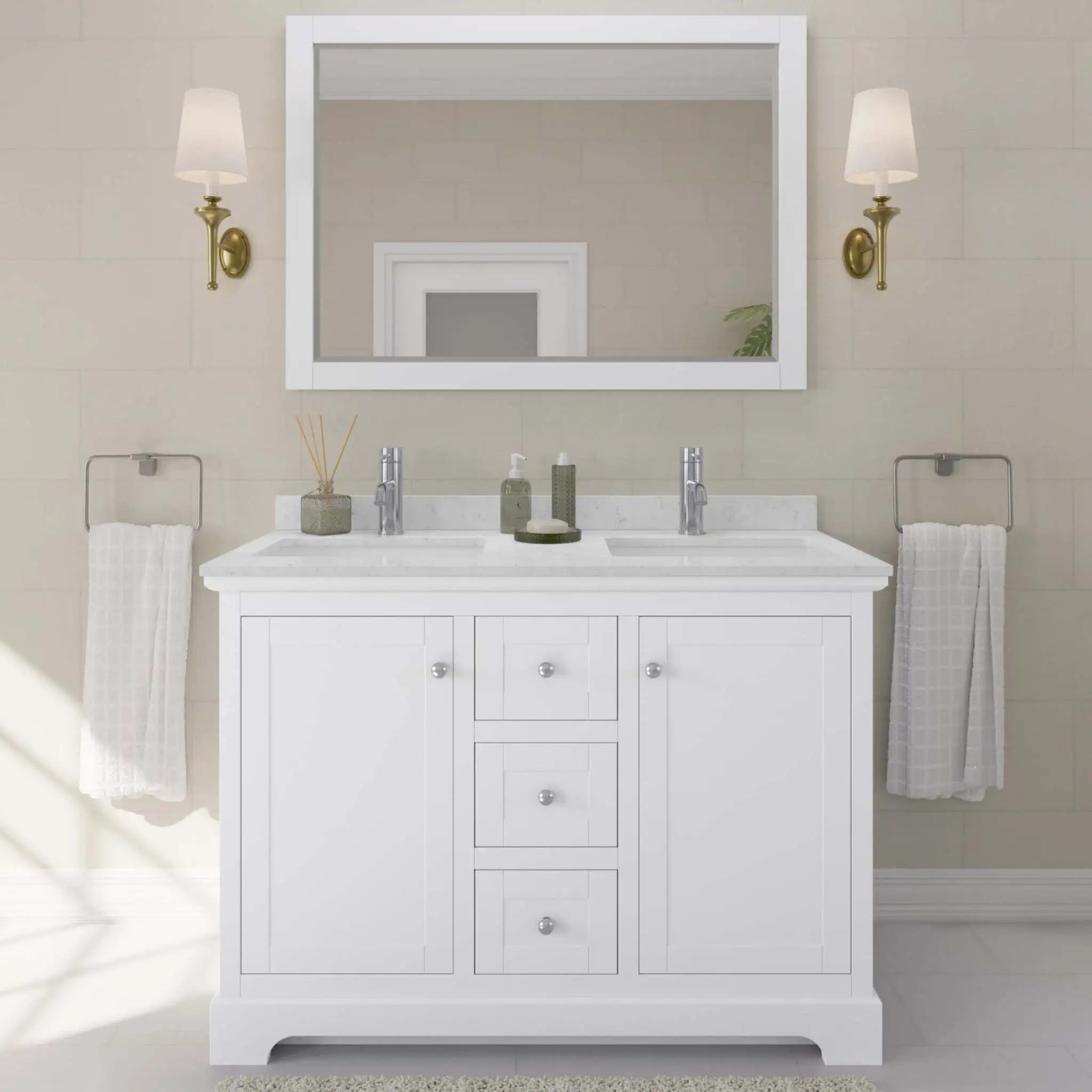 48" Avery Double Bathroom Vanity in White with Polished Chrome Trim & 46" Mirror by Wyndham
