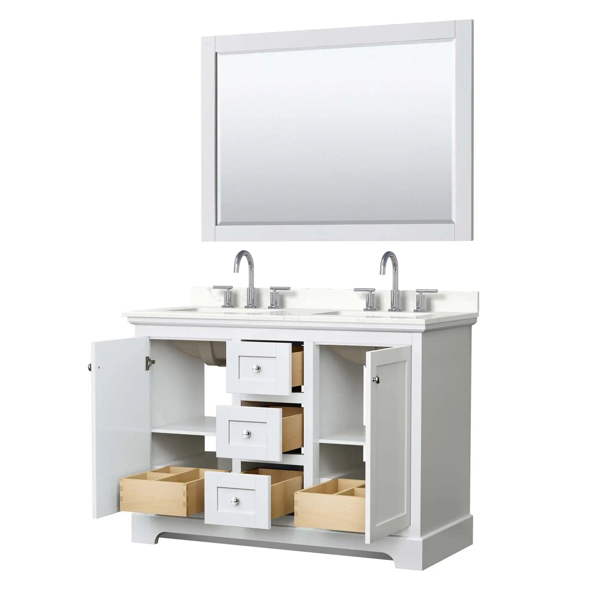48" Avery Double Bathroom Vanity in White with Polished Chrome Trim & 46" Mirror by Wyndham
