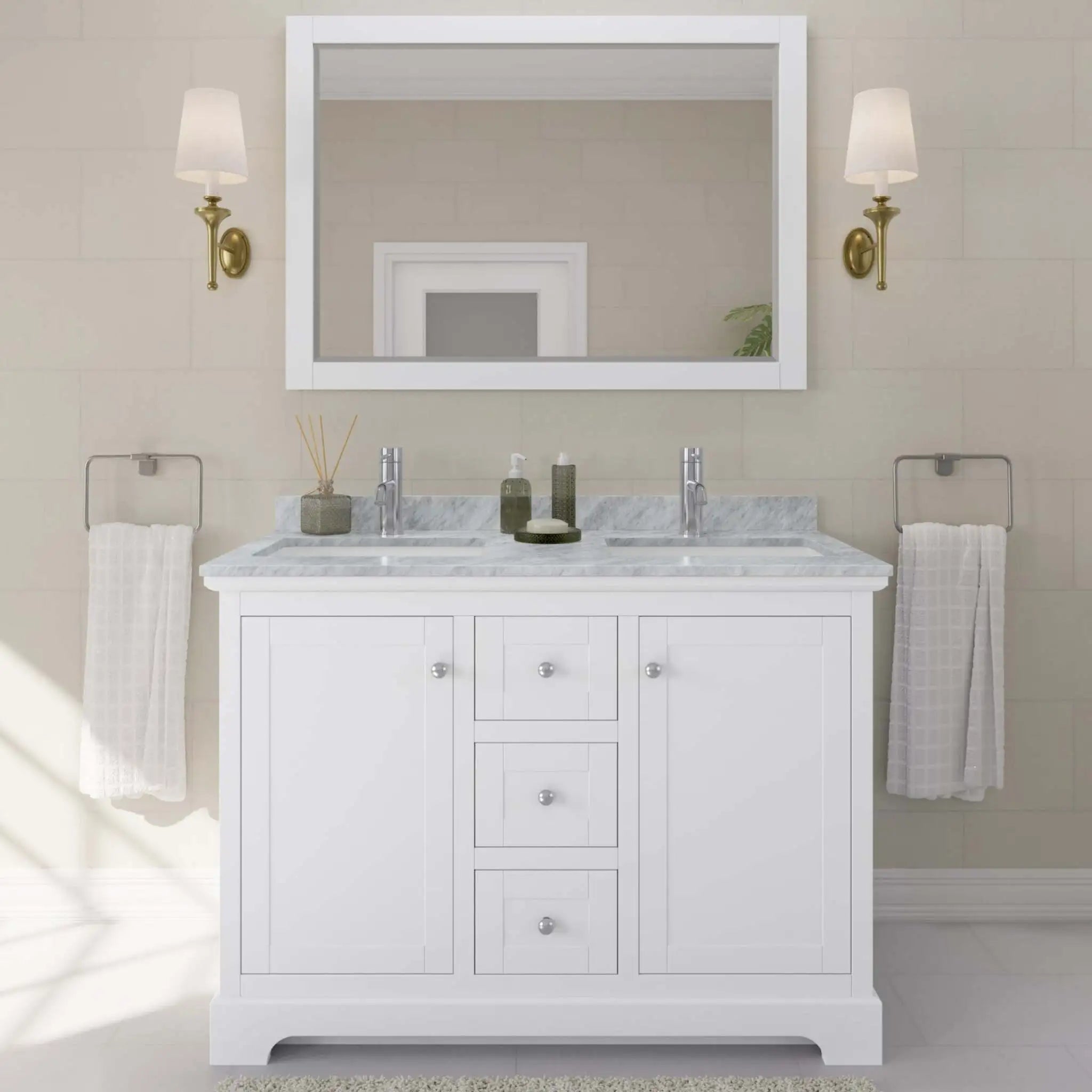 48" Avery Double Bathroom Vanity in White with Polished Chrome Trim & 46" Mirror by Wyndham