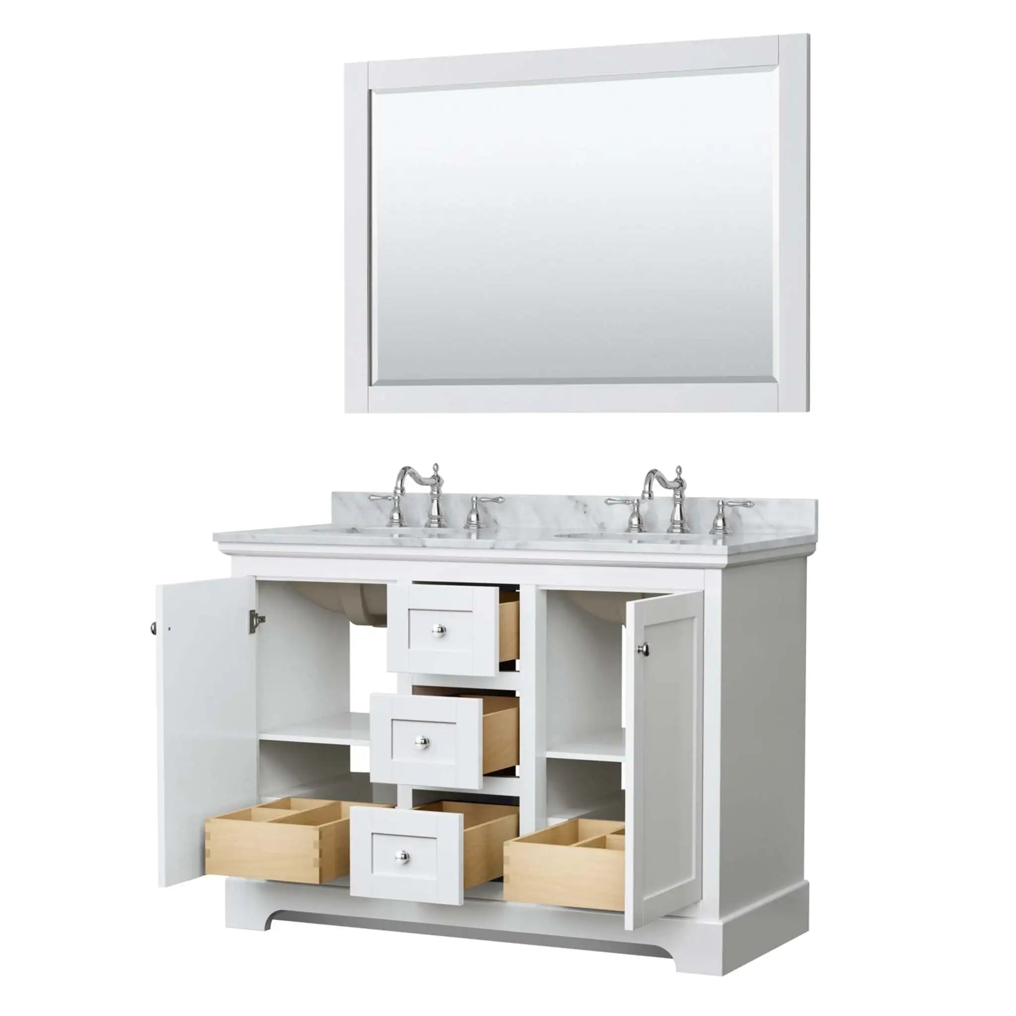 48" Avery Double Bathroom Vanity in White with Polished Chrome Trim & 46" Mirror by Wyndham