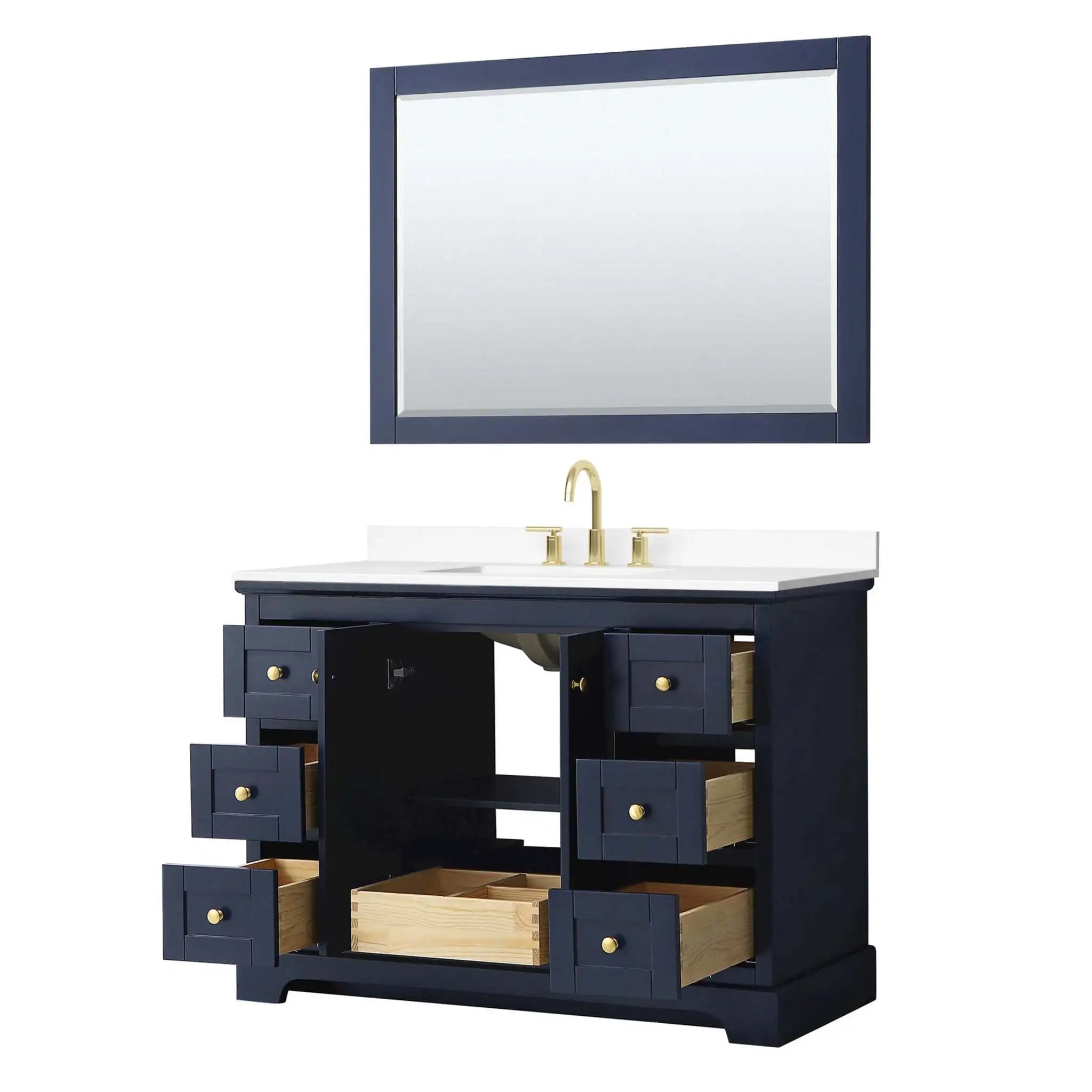 48" Avery Single Bathroom Vanity in Dark Blue with Brushed Gold Trim & 46" Mirror by Wyndham