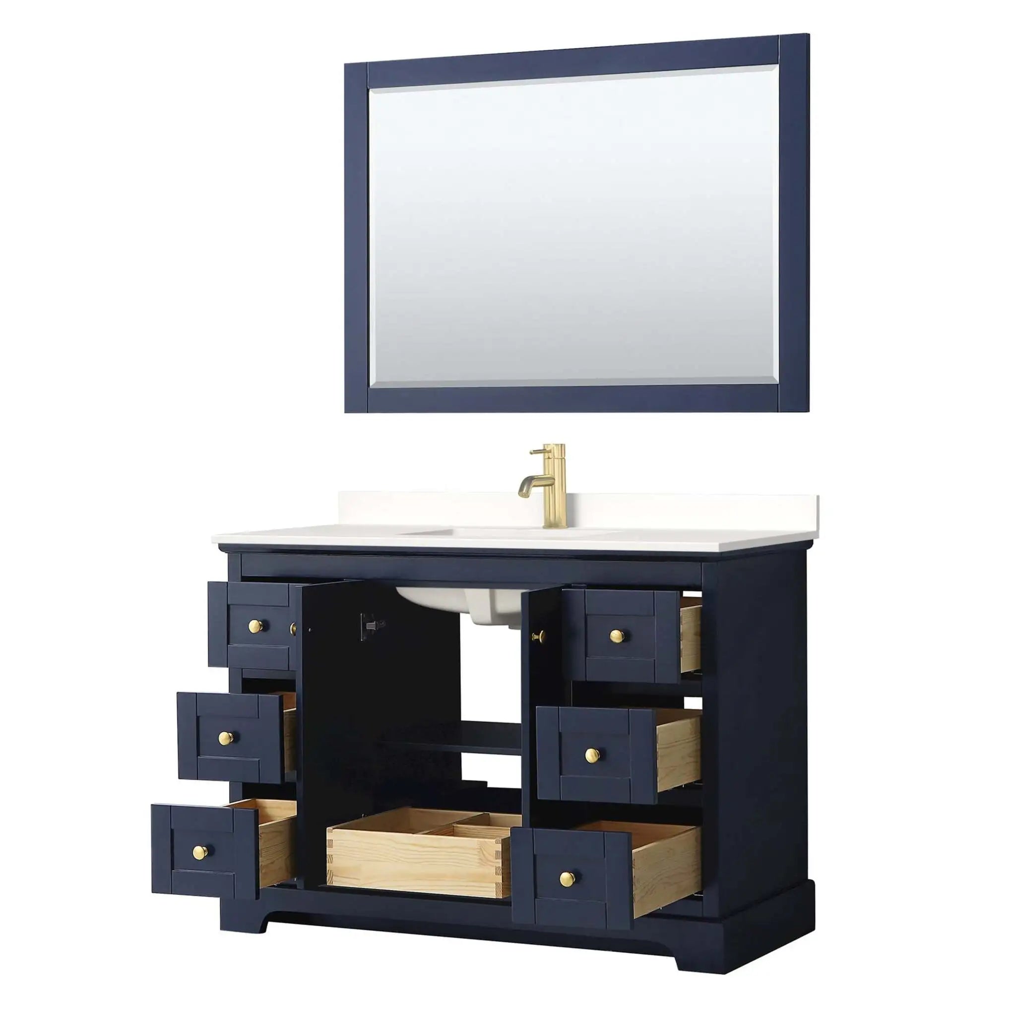 48" Avery Single Bathroom Vanity in Dark Blue with Brushed Gold Trim & 46" Mirror by Wyndham