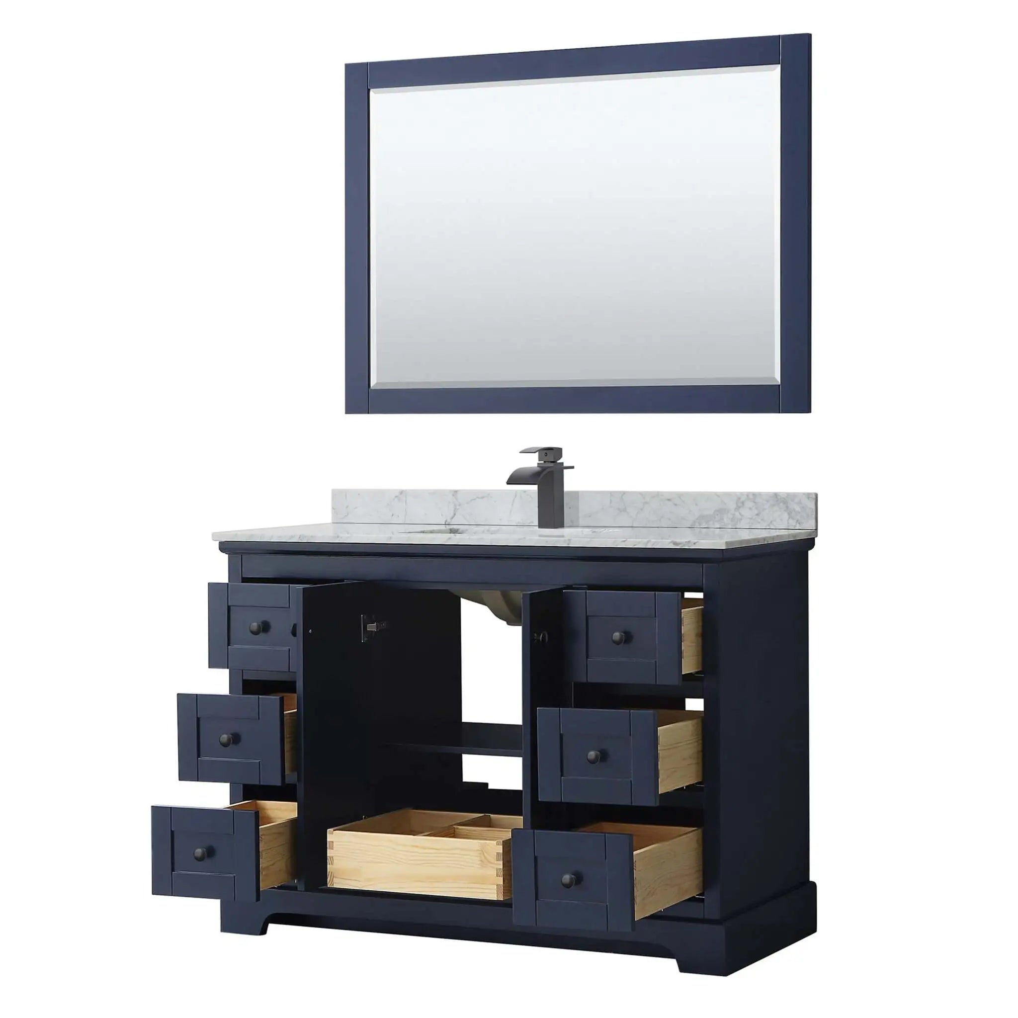 48" Avery Single Bathroom Vanity in Dark Blue with Matte Black Trim & 46" Mirror by Wyndham