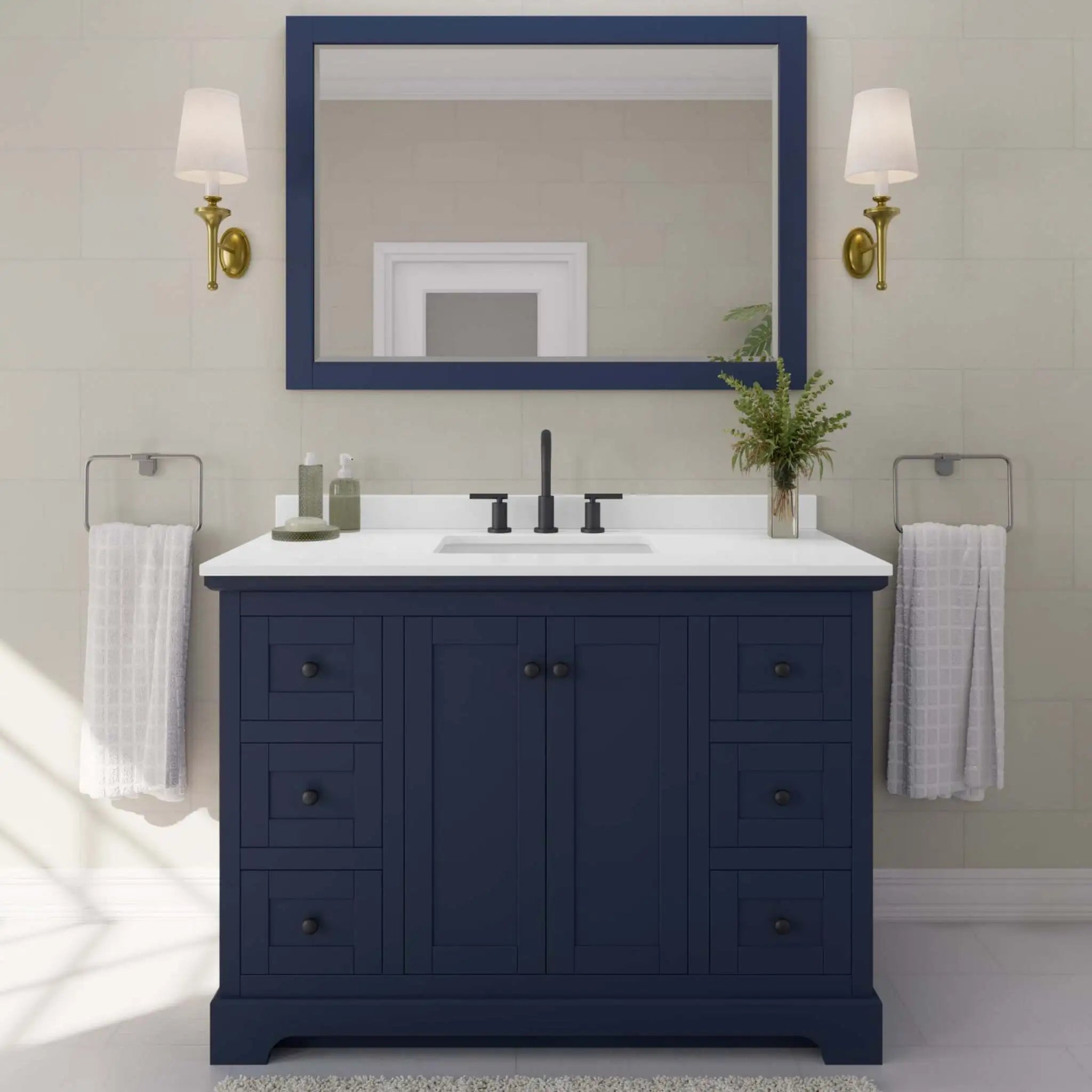 48" Avery Single Bathroom Vanity in Dark Blue with Matte Black Trim & 46" Mirror by Wyndham