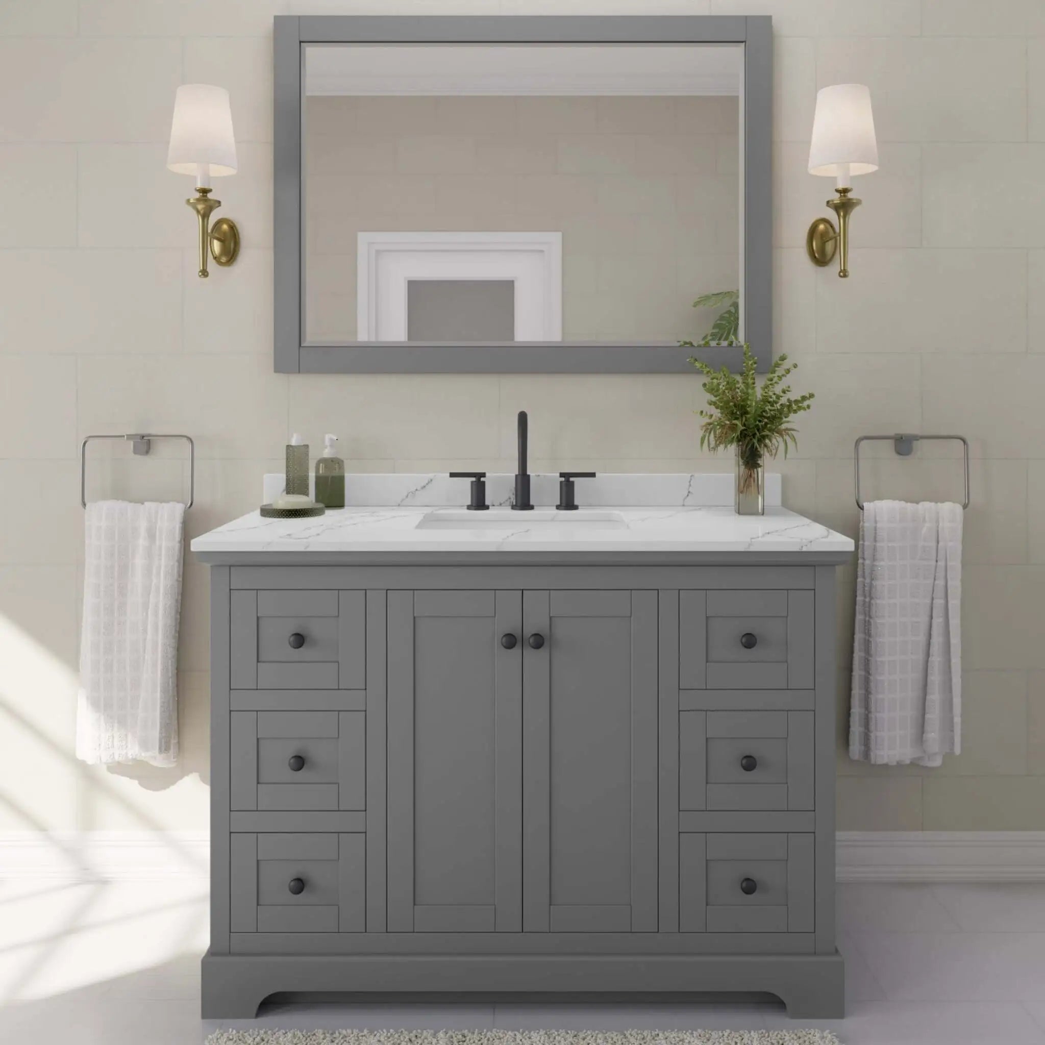 48" Avery Single Bathroom Vanity in Dark Gray with Matte Black Trim & 46" Mirror by Wyndham