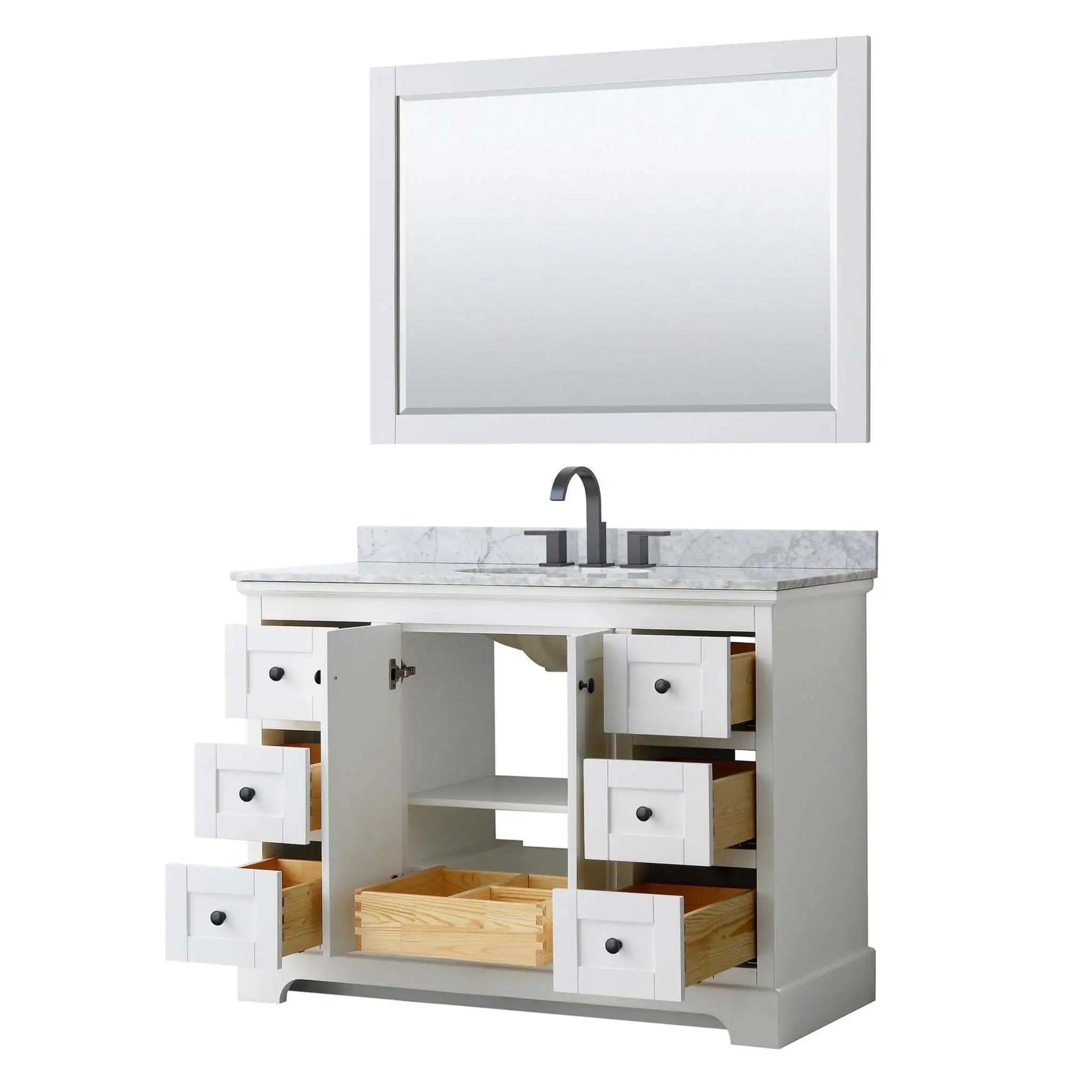 48" Avery Single Bathroom Vanity in White with Matte Black Trim & 46" Mirror by Wyndham