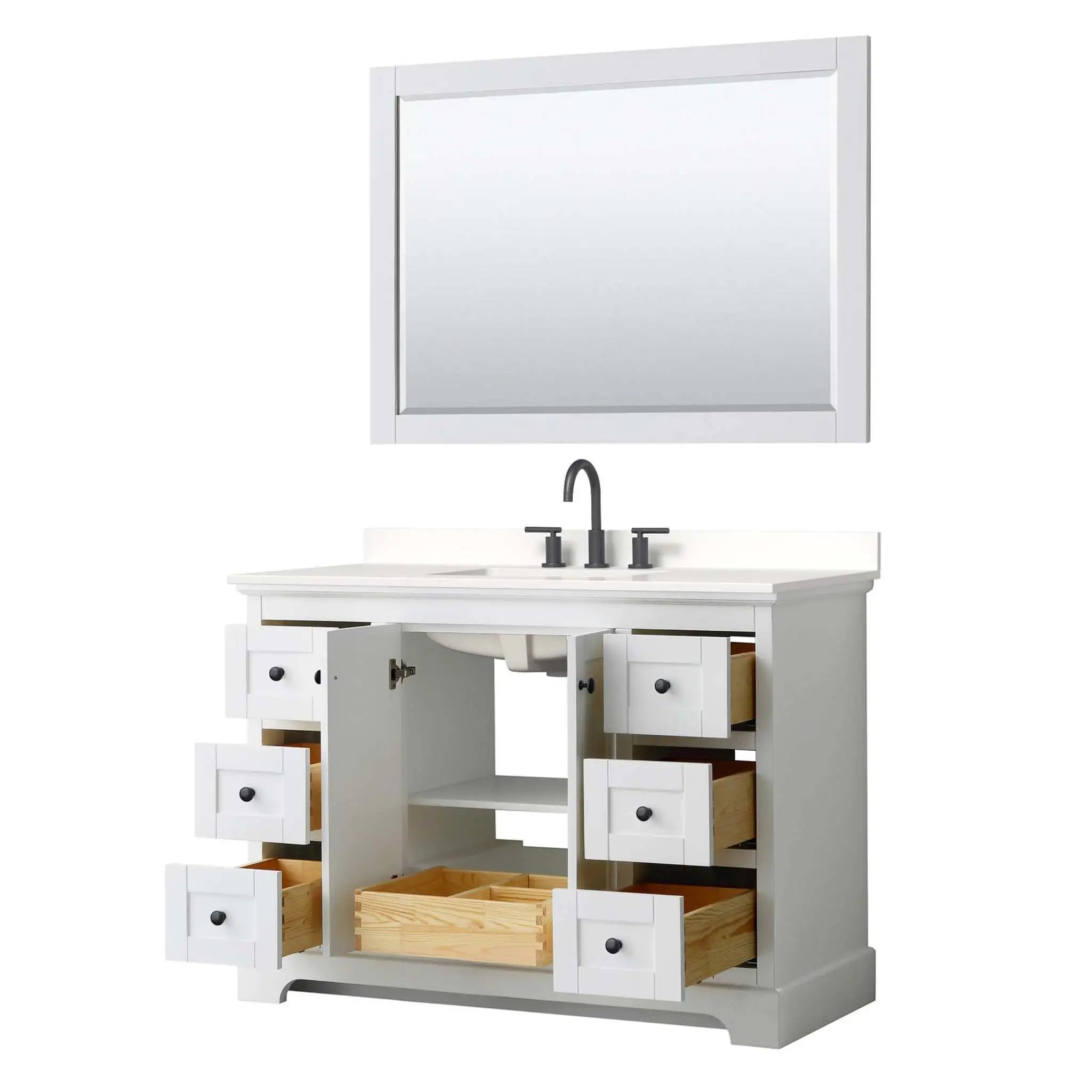 48" Avery Single Bathroom Vanity in White with Matte Black Trim & 46" Mirror by Wyndham