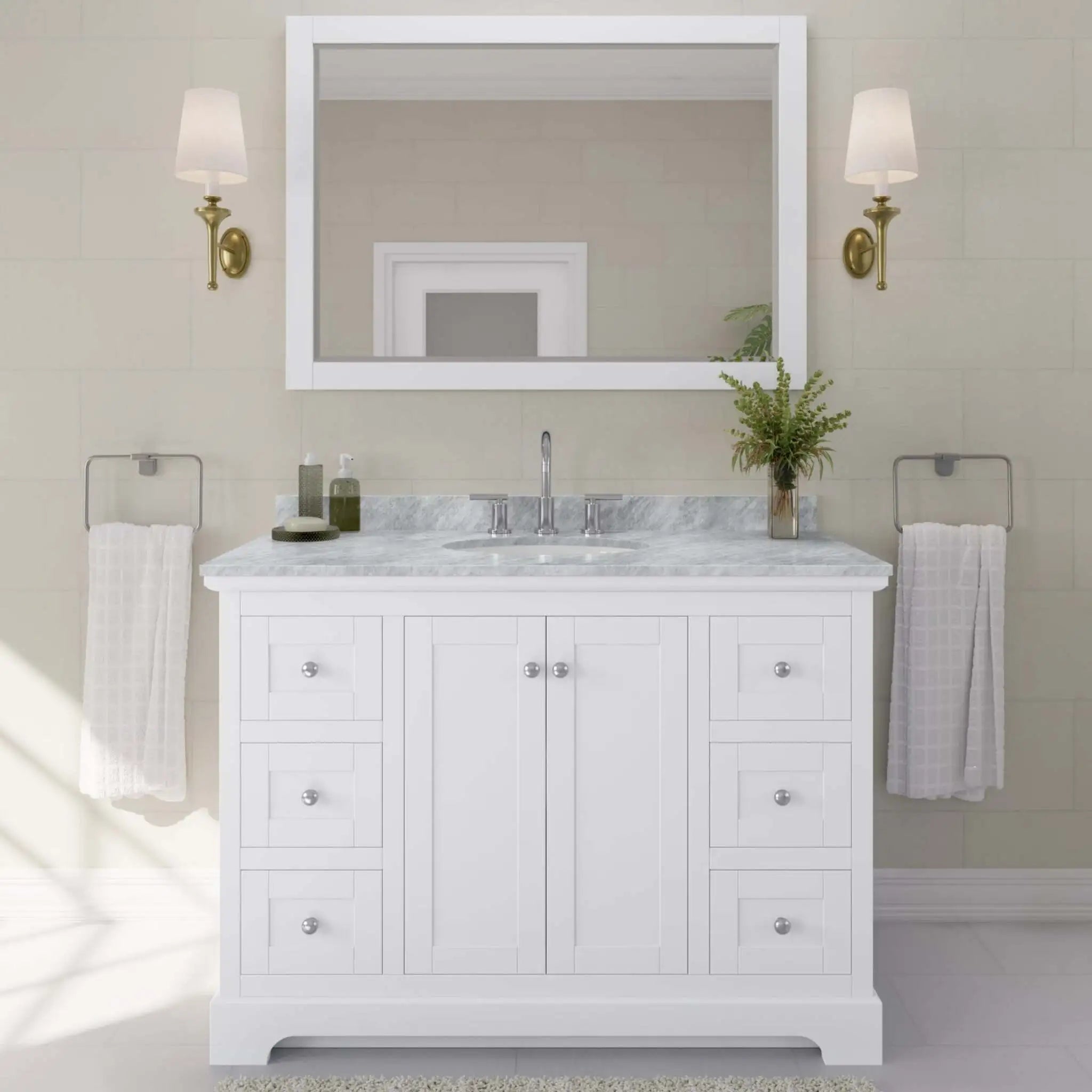 48" Avery Single Bathroom Vanity in White with Polished Chrome Trim & 46" Mirror by Wyndham