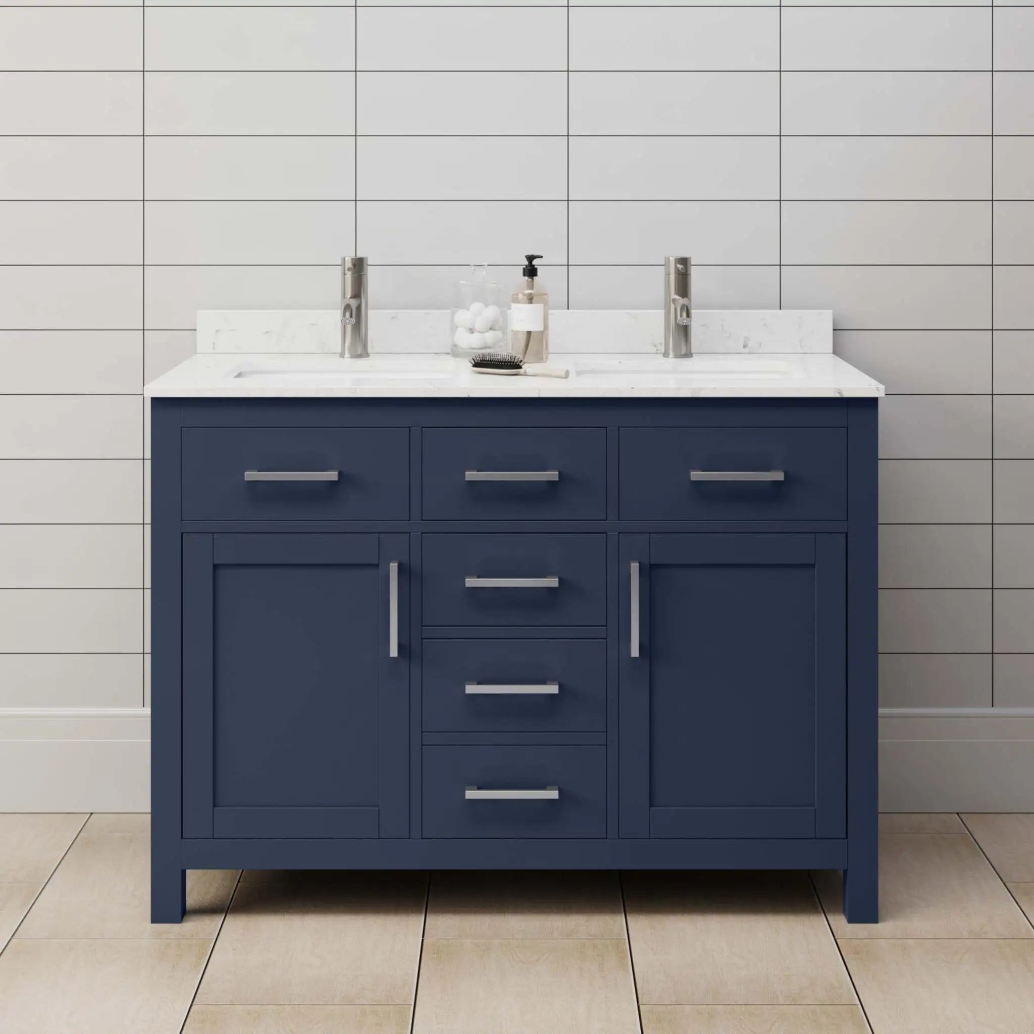 48" Beckett Double Bathroom Vanity in Dark Blue with Brushed Nickel Trim by Wyndham
