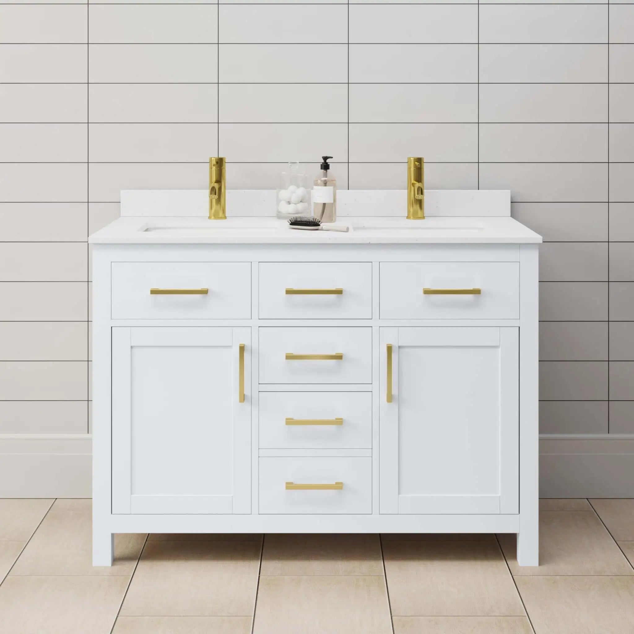 48" Beckett Double Bathroom Vanity in White with Brushed Gold Trim by Wyndham