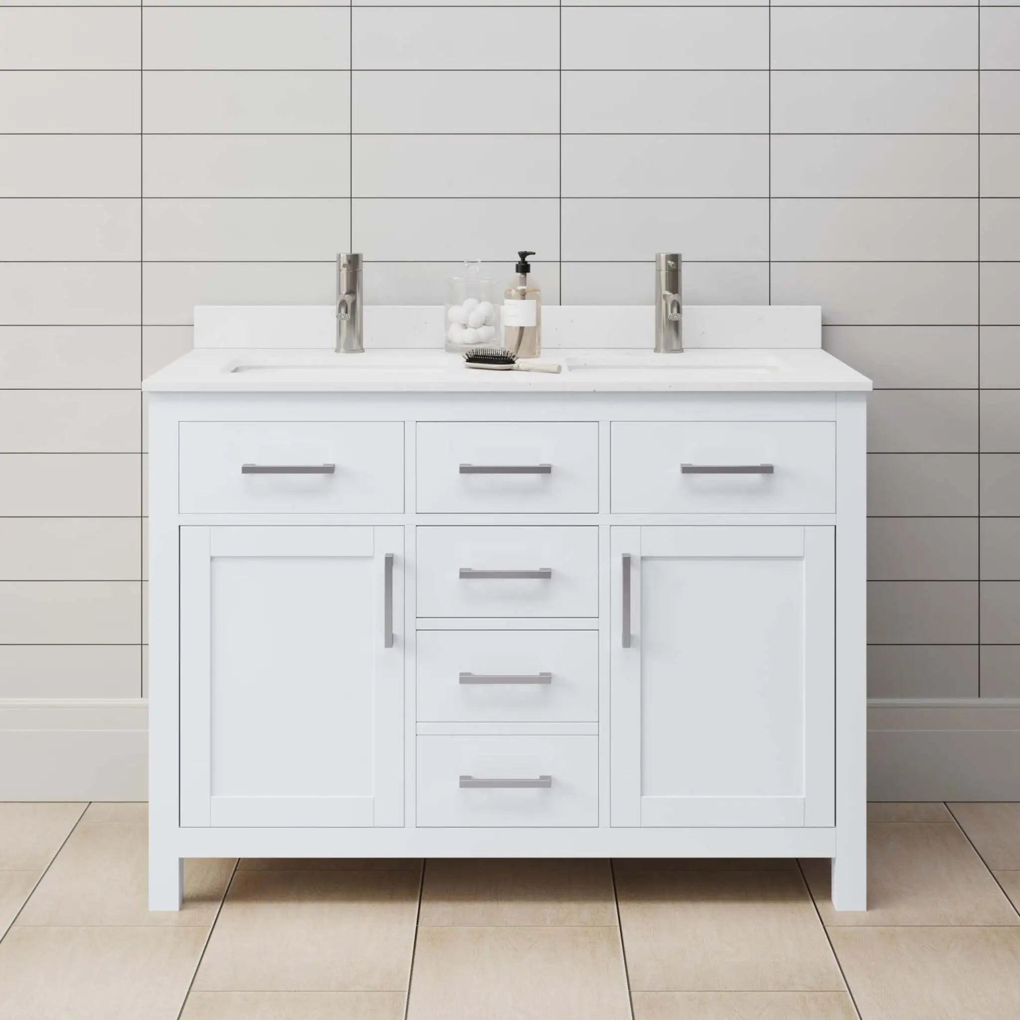 48" Beckett Double Bathroom Vanity in White with Brushed Nickel Trim by Wyndham