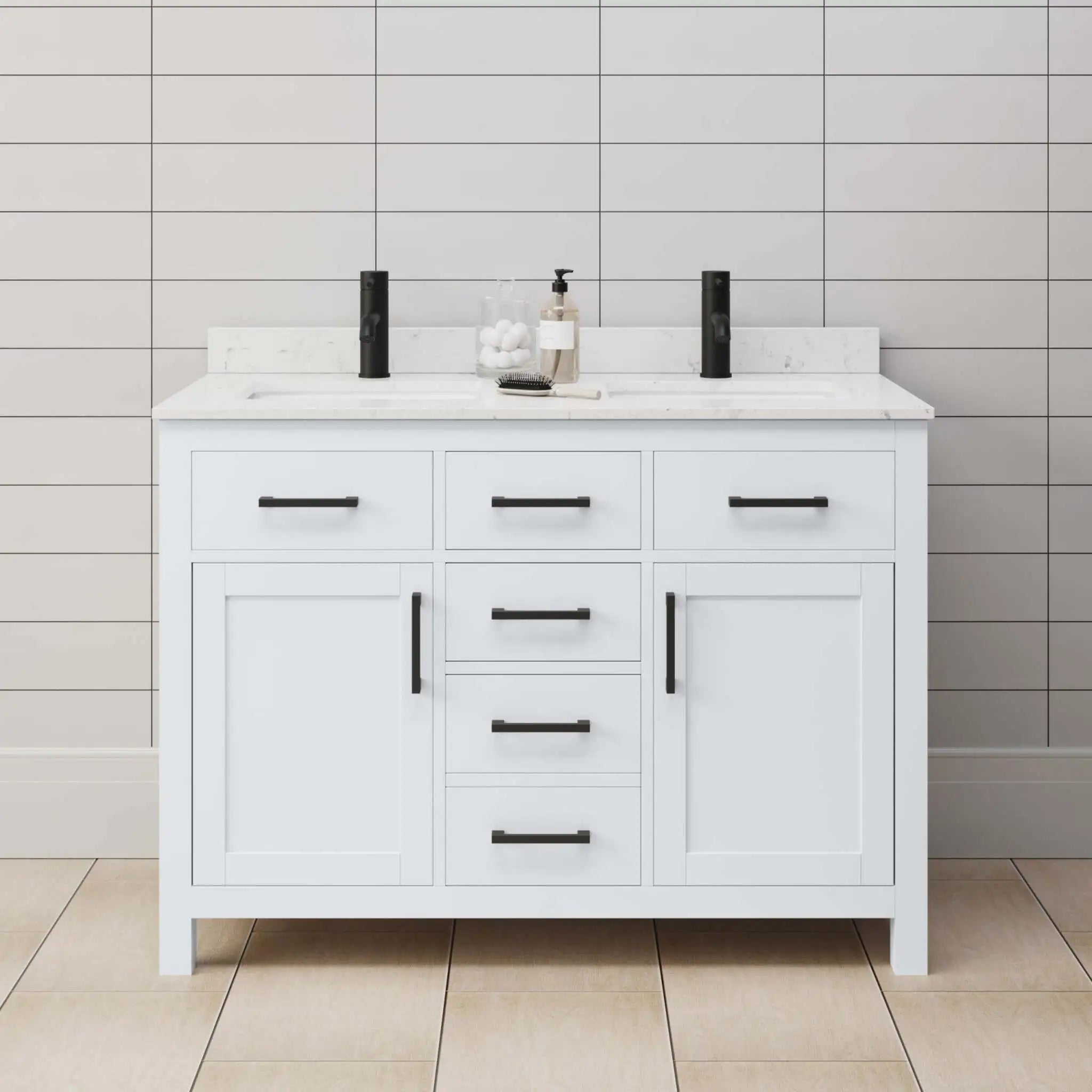 48" Beckett Double Bathroom Vanity in White with Matte Black Trim by Wyndham