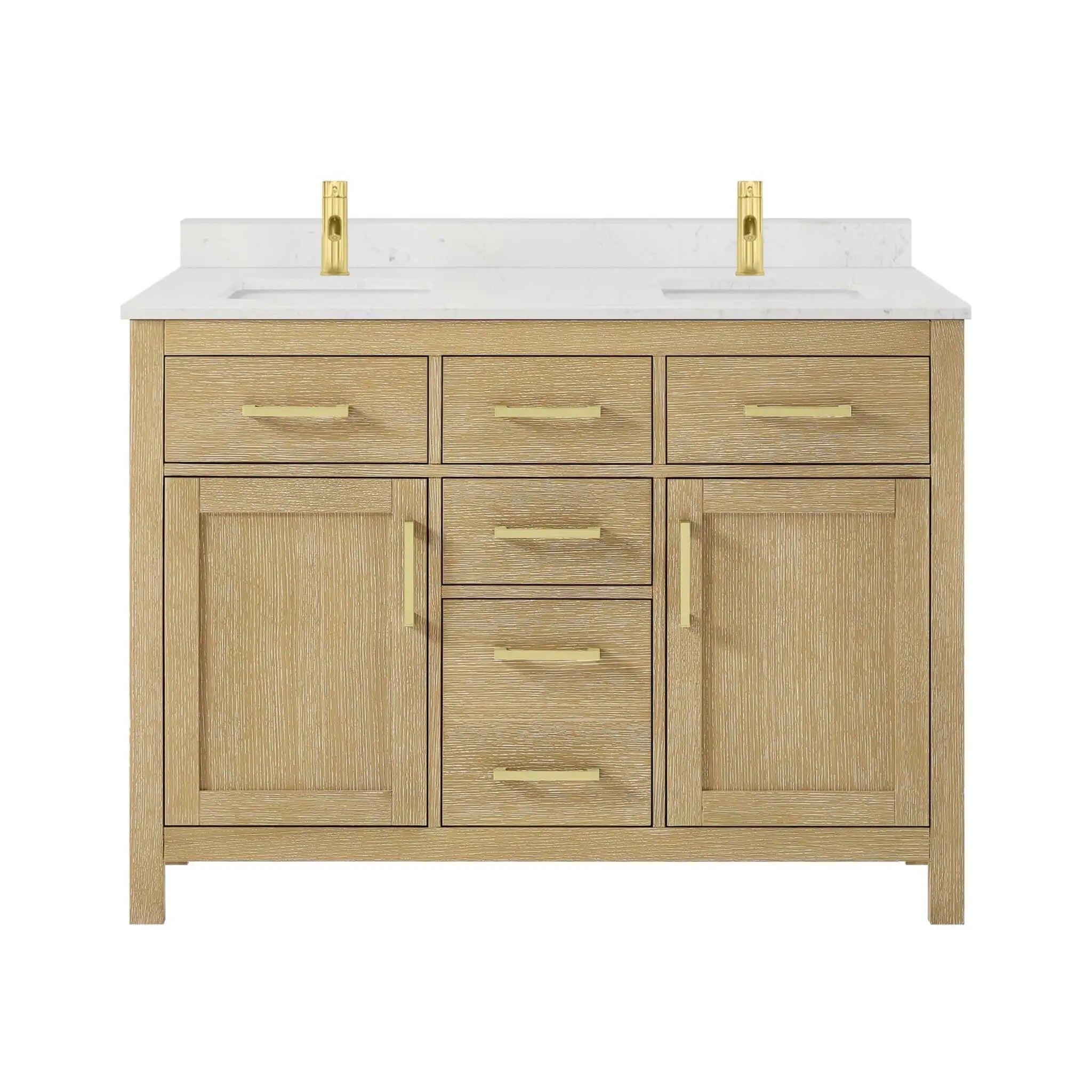 48" Beckett Double Bathroom Vanity in Whitewashed Oak with Brushed Gold Trim by Wyndham