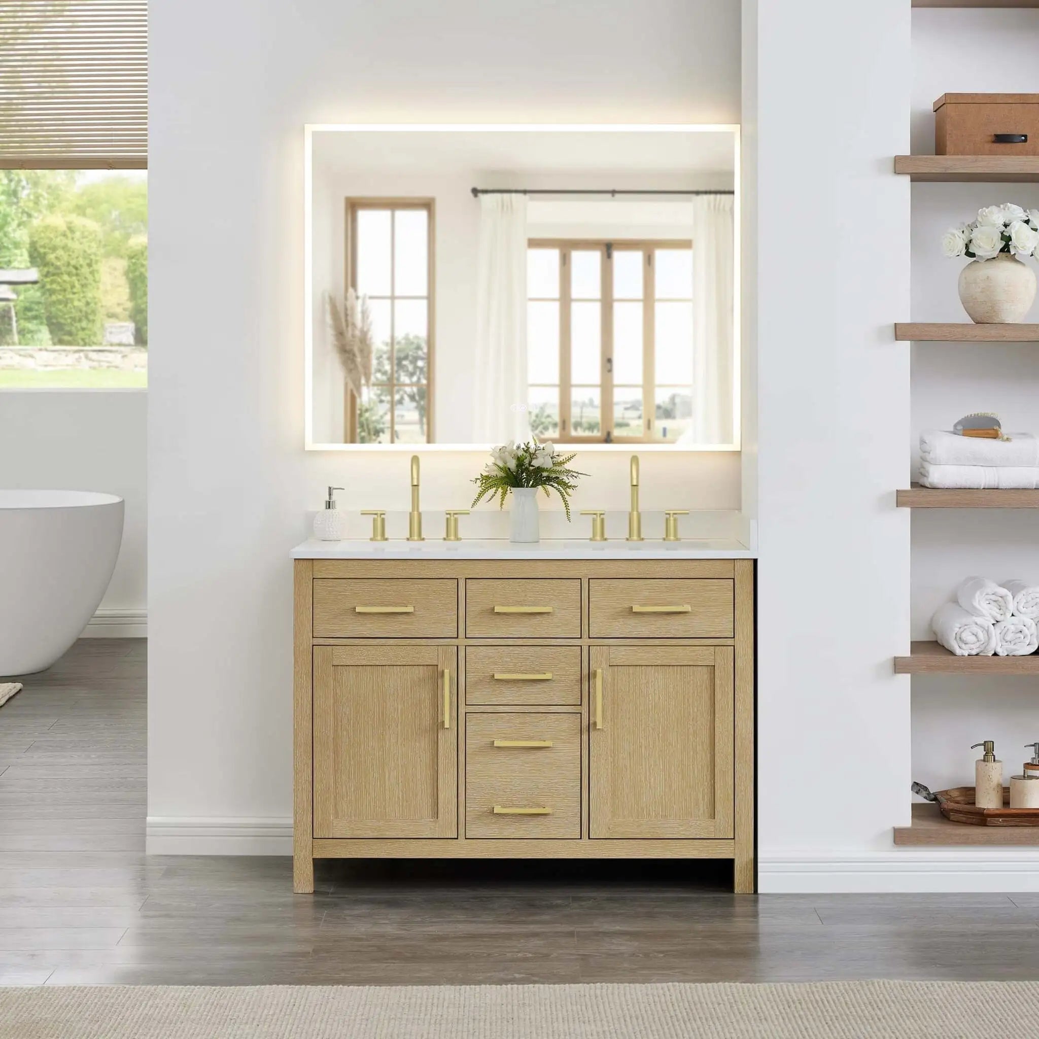 48" Beckett Double Bathroom Vanity in Whitewashed Oak with Brushed Gold Trim by Wyndham
