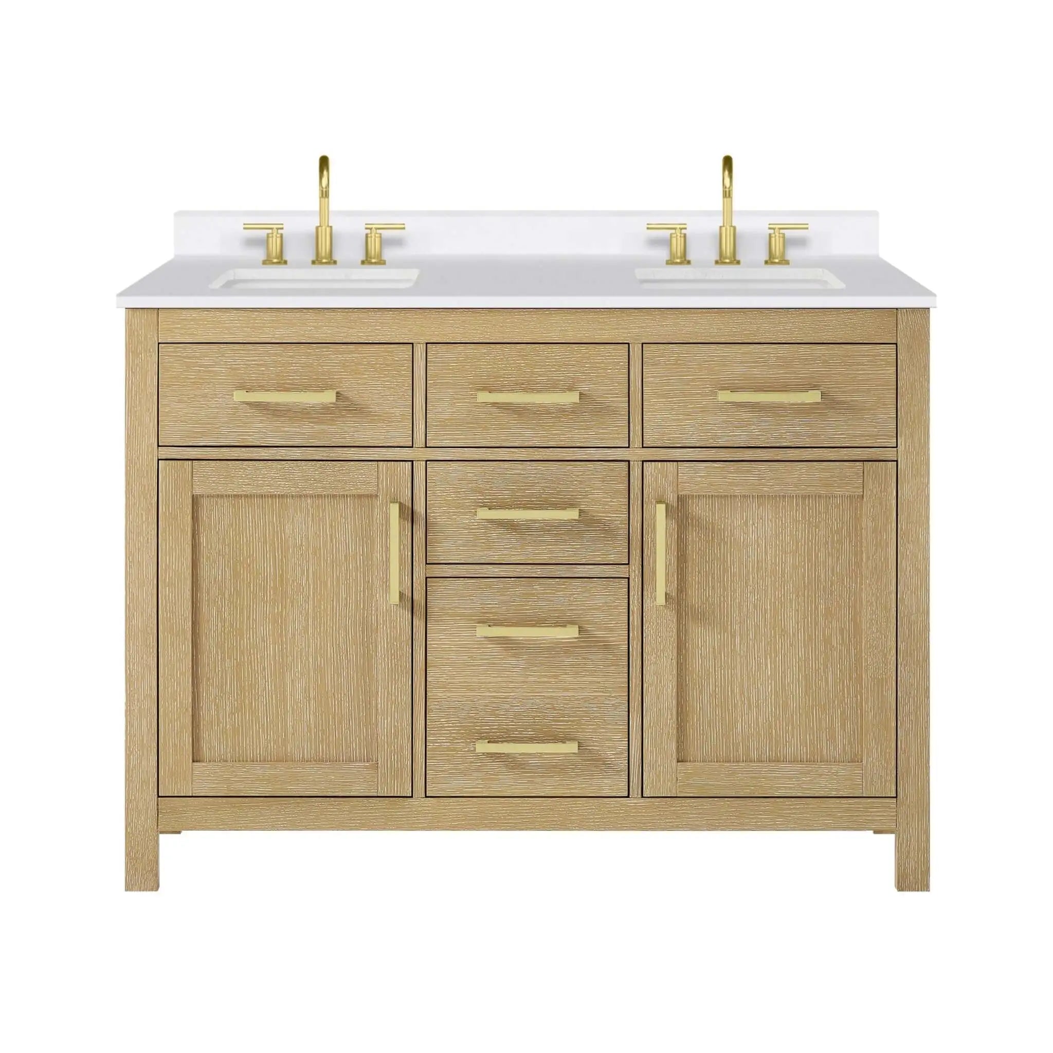 48" Beckett Double Bathroom Vanity in Whitewashed Oak with Brushed Gold Trim by Wyndham