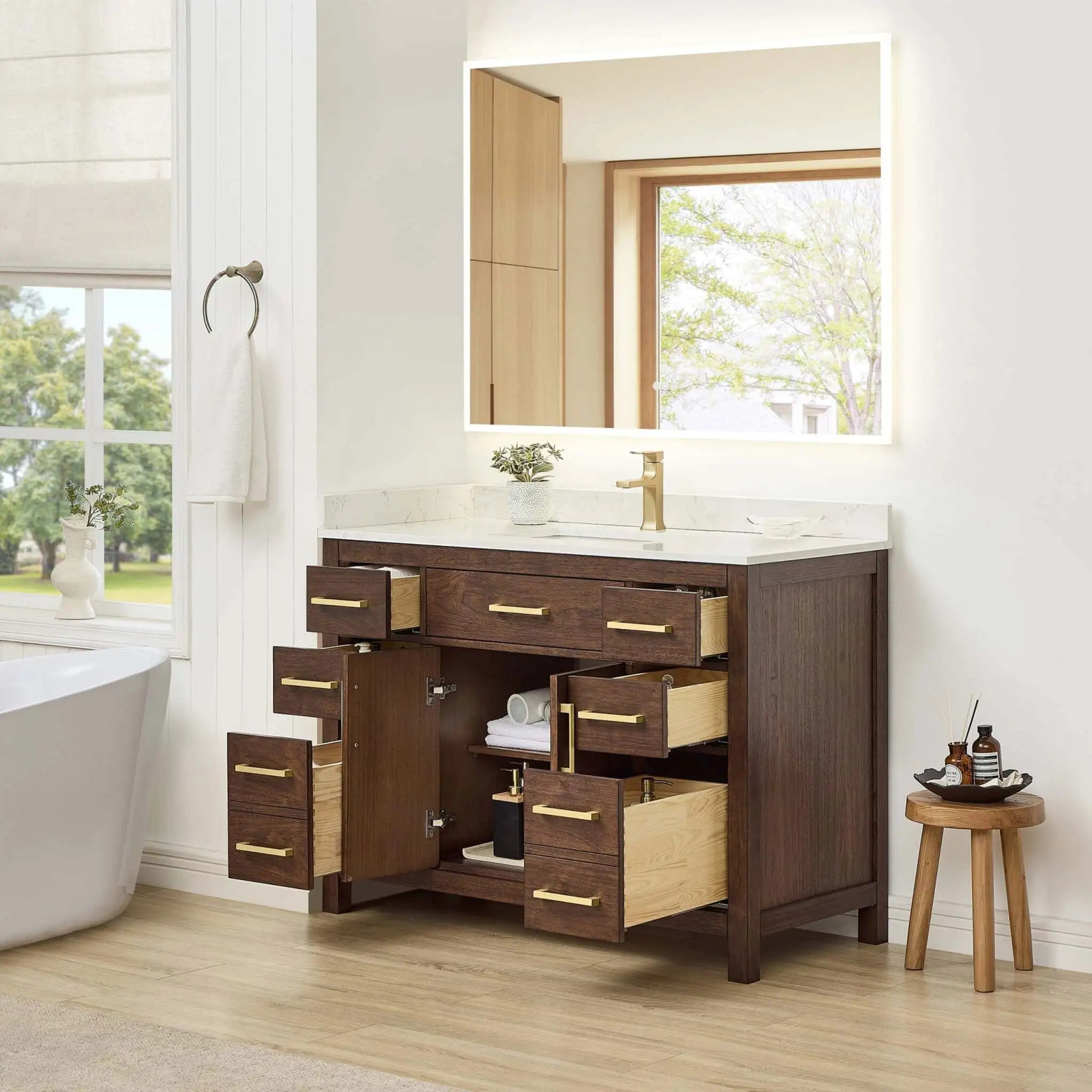 48" Beckett Single Bathroom Vanity in Dark Walnut with Brushed Gold Trim by Wyndham
