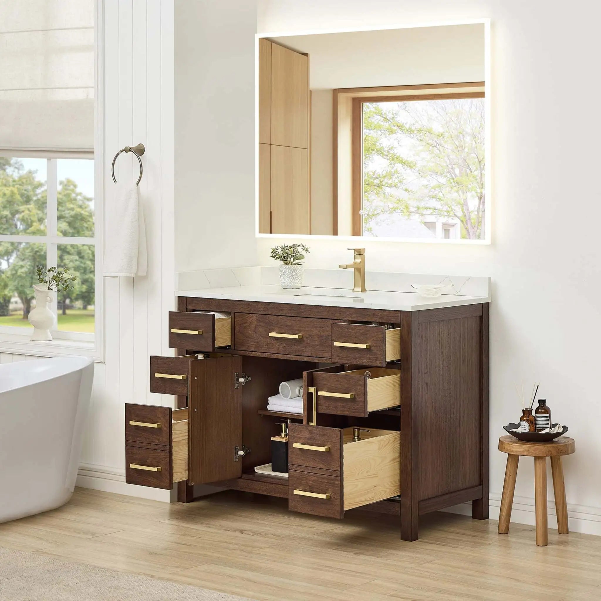48" Beckett Single Bathroom Vanity in Dark Walnut with Brushed Gold Trim by Wyndham