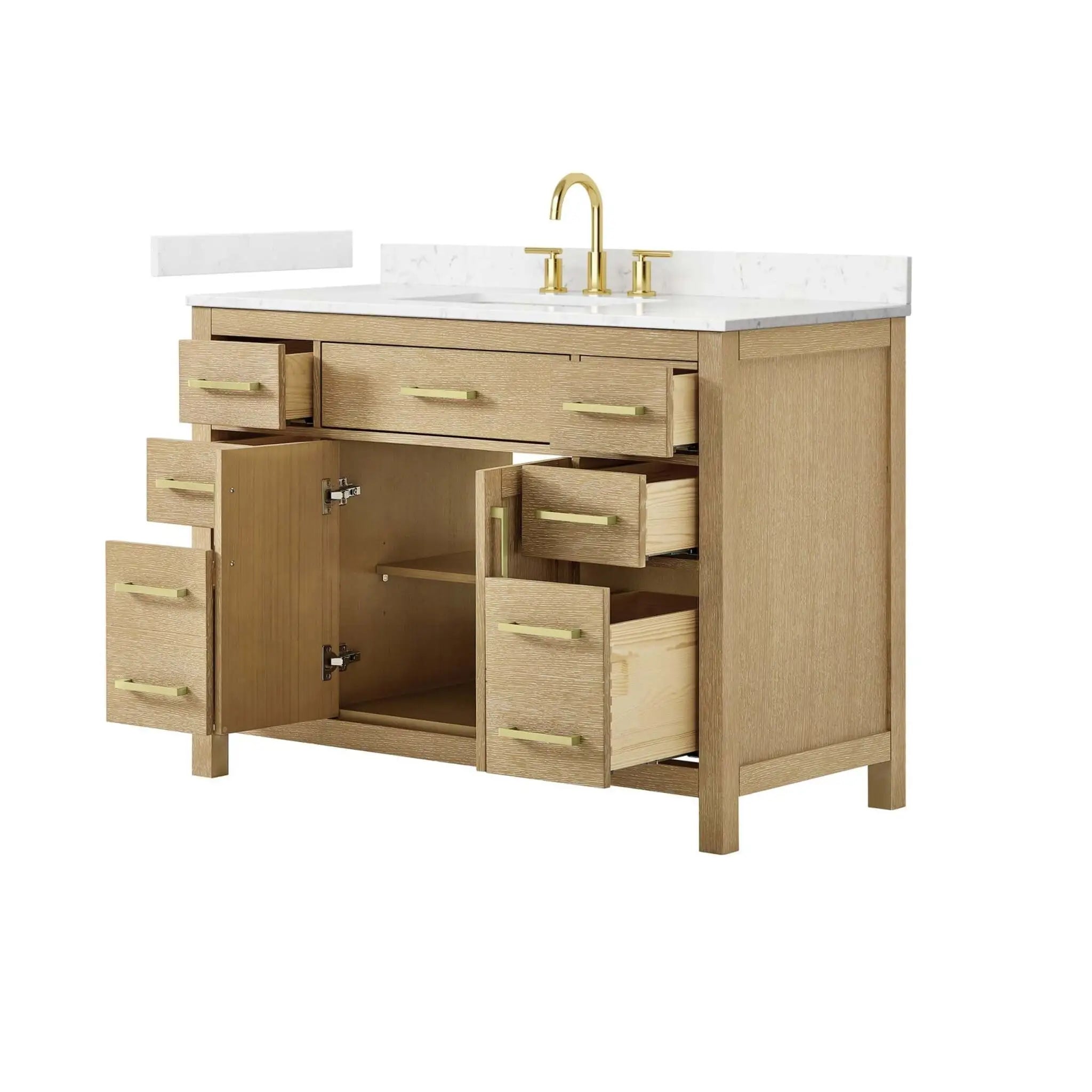 48" Beckett Single Bathroom Vanity in Whitewashed Oak with Brushed Gold Trim by Wyndham