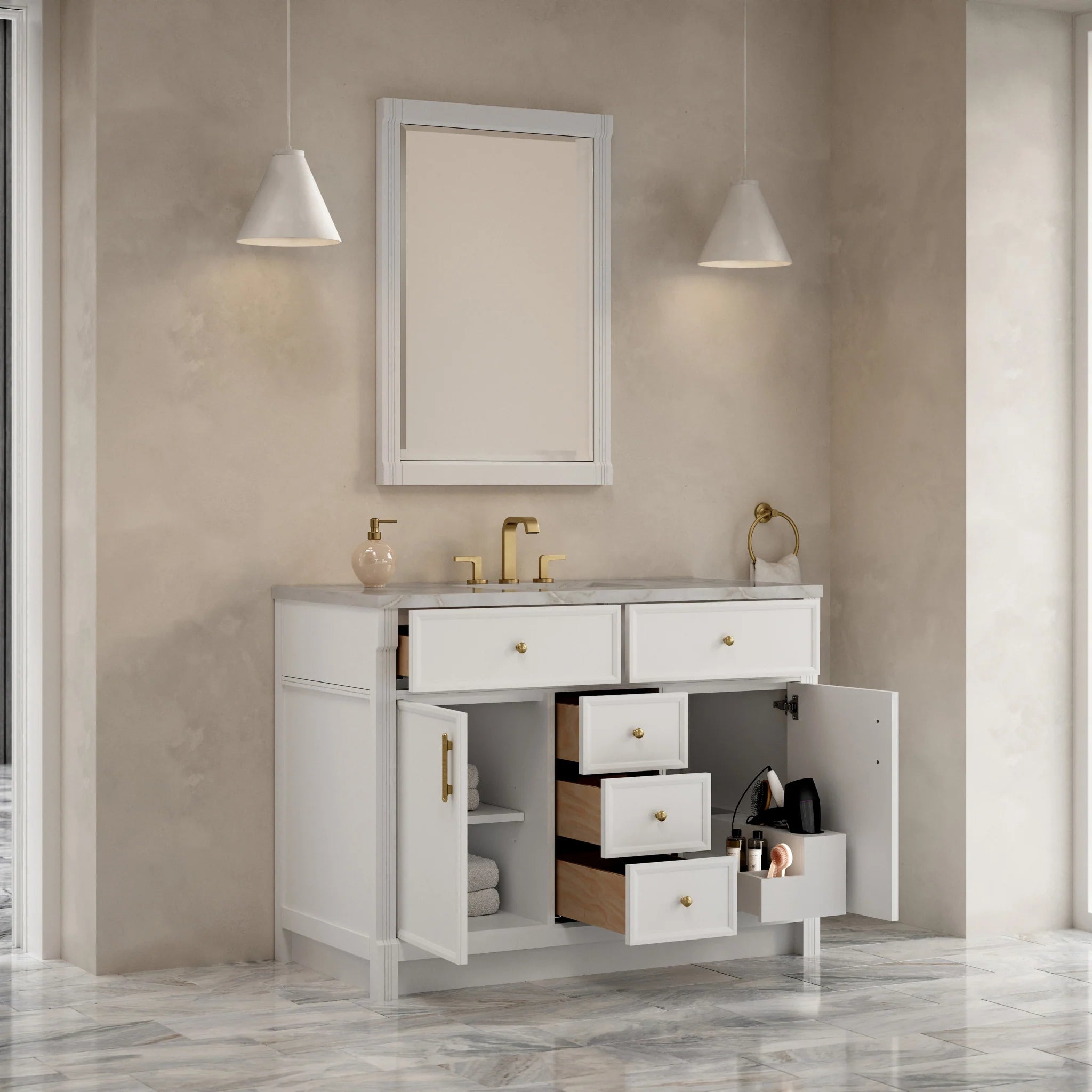 48" Bellshire Single Vanity in Bright White by James Martin Vanities-Victorian Silver Silestone 3