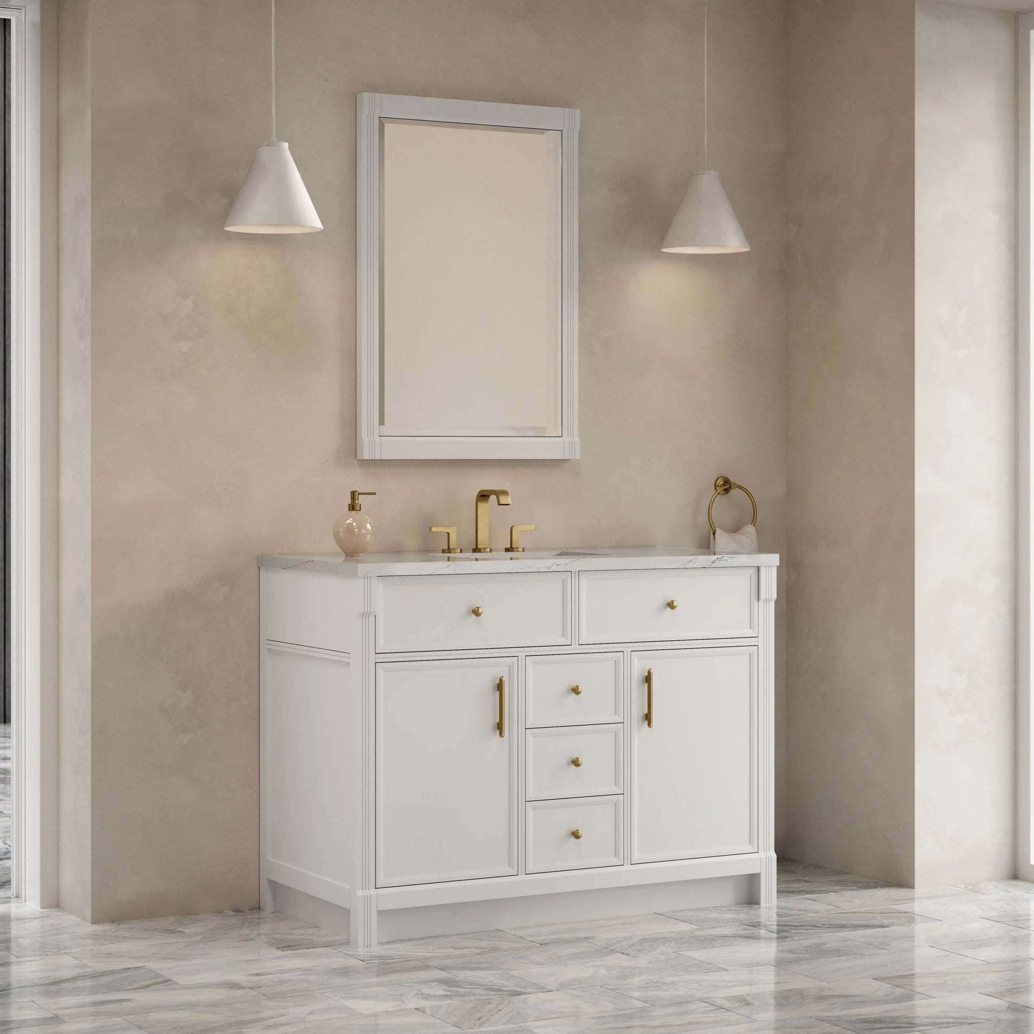 48" Bellshire Single Vanity in Bright White w/FreePower Wireless Charger by James Martin Vanities-Ethereal Noctis Silestone 2